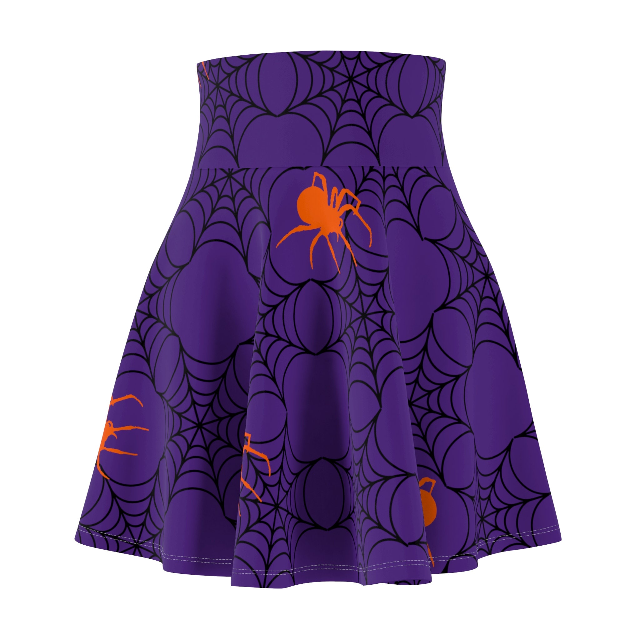 Halloween Skater Skirt, Spiderwebs and Spiders Pattern, Women's Clothing for Spooky Season, Creepy Cute Purple and Orange Spider Skirt