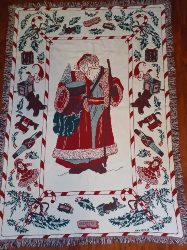 VINTAGE Christmas Holiday Reversibl Throw Blanket Woven Tapestry Santa Claus MCM