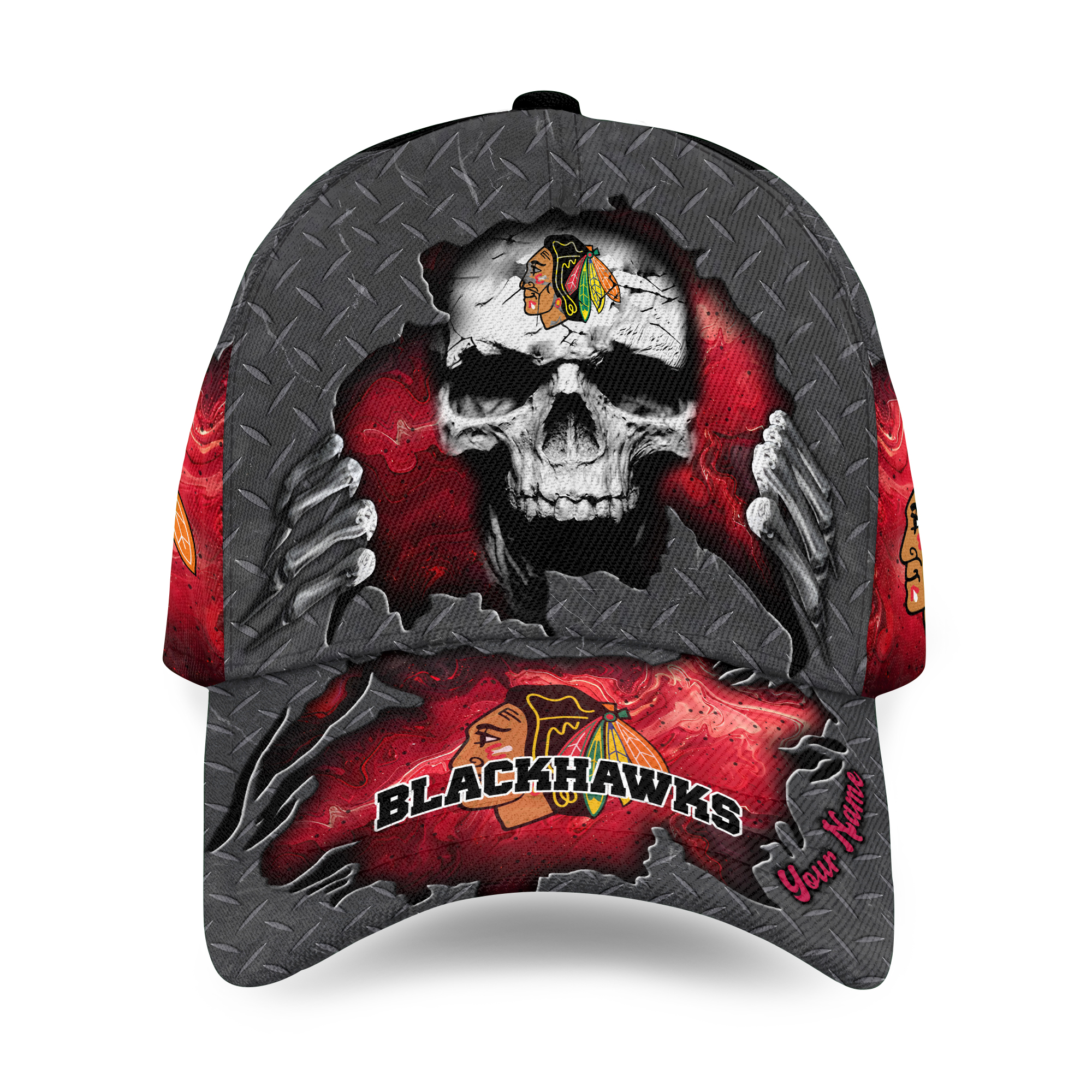 Personalized Chicago Blackhawks Baseball Cap Skull Ripped Pattern Adjustable Hat