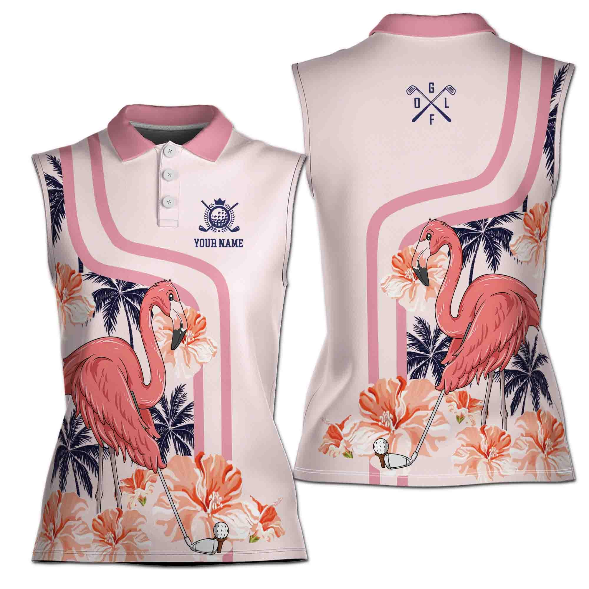 Personalized Name Pink Pastel Tropical Flamingo Playing Golf 3D Women Sleeveless Polo