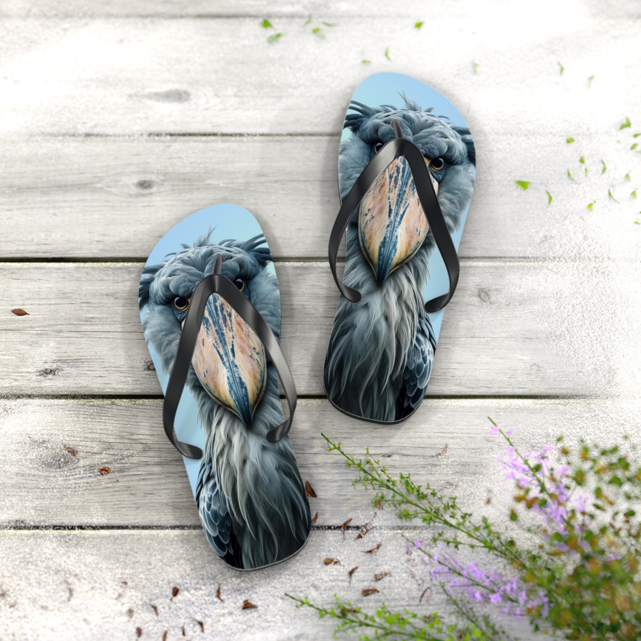 Shoebill Stork Whimsy Flip Flops - Fluffy Face Design on Light Blue Flip Flops, Shoebill Stork Lover, Bird Lover, Prehistoric Bird, Beach