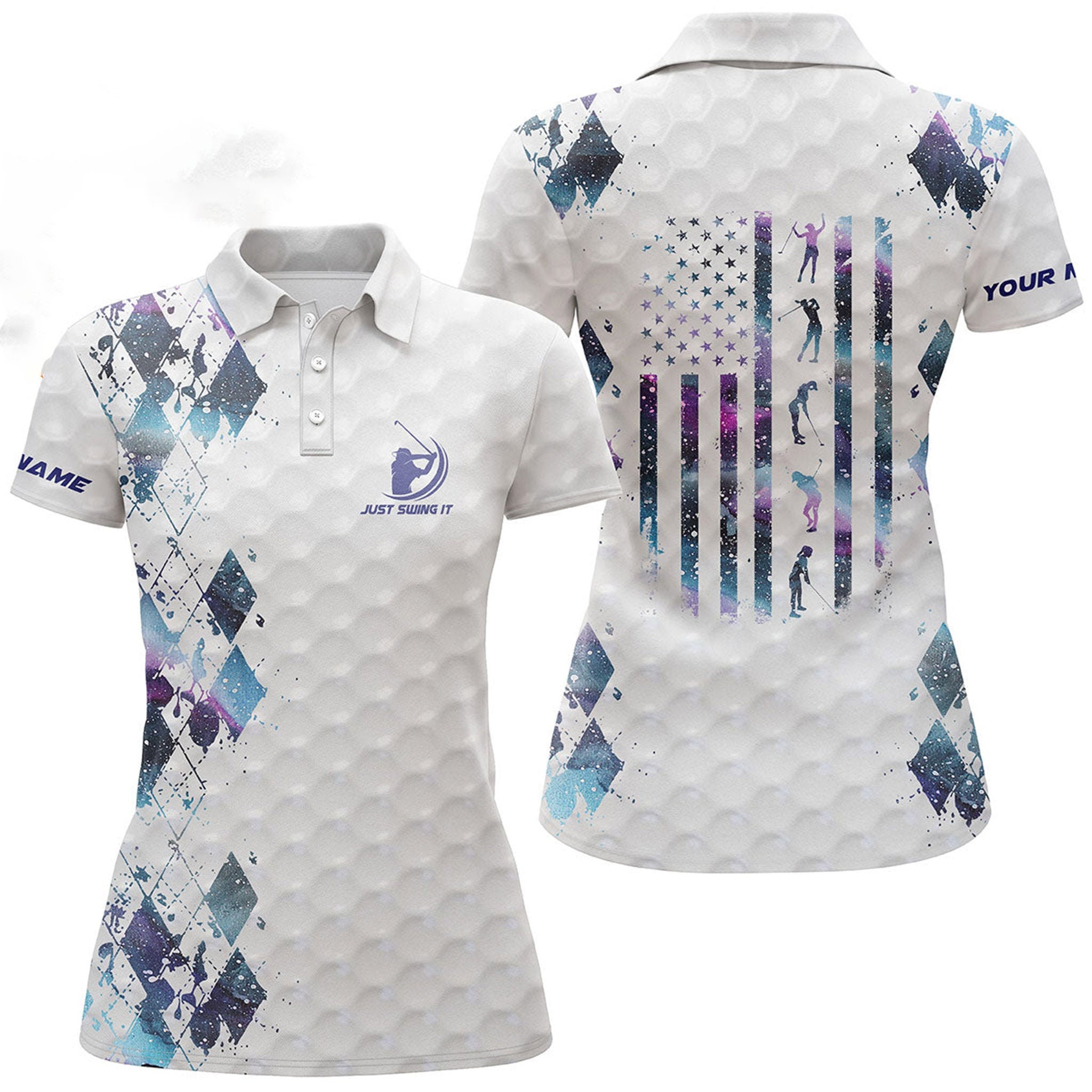 Blue Galaxy Just Swing It American Flag Patriotic Women Polo Shirt