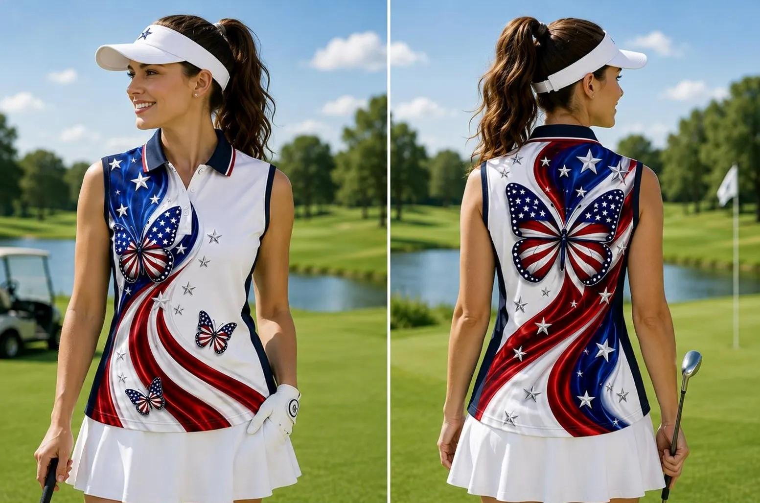 Patriotic Butterfly Womens Sleeveless Golf Polo, USA Flag Golf Shirt, Red White Blue Summer Polo, Vacation Golf Outfit
