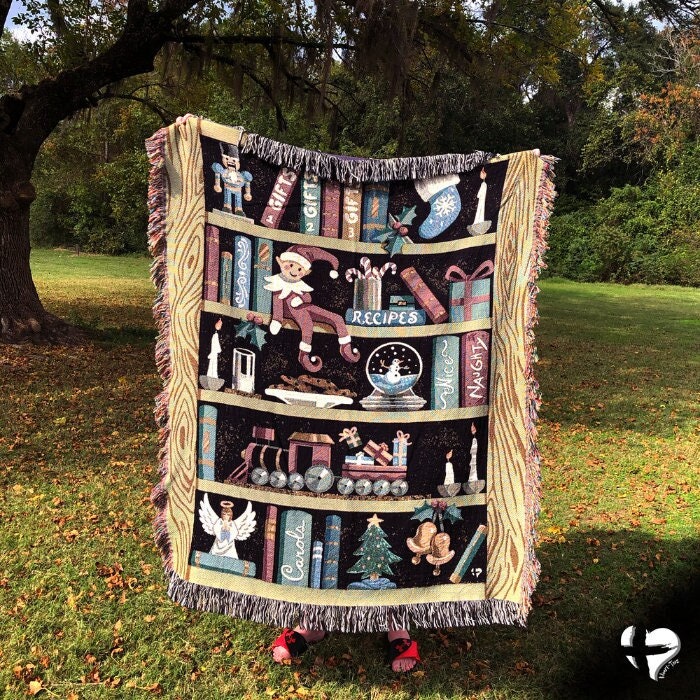 Cool Christmas Woven Blanket, Santa's Bookshelf, Holiday Blanket, Magical Time of Year, Seasonal Tapestry Art, Whimsical Room Decor