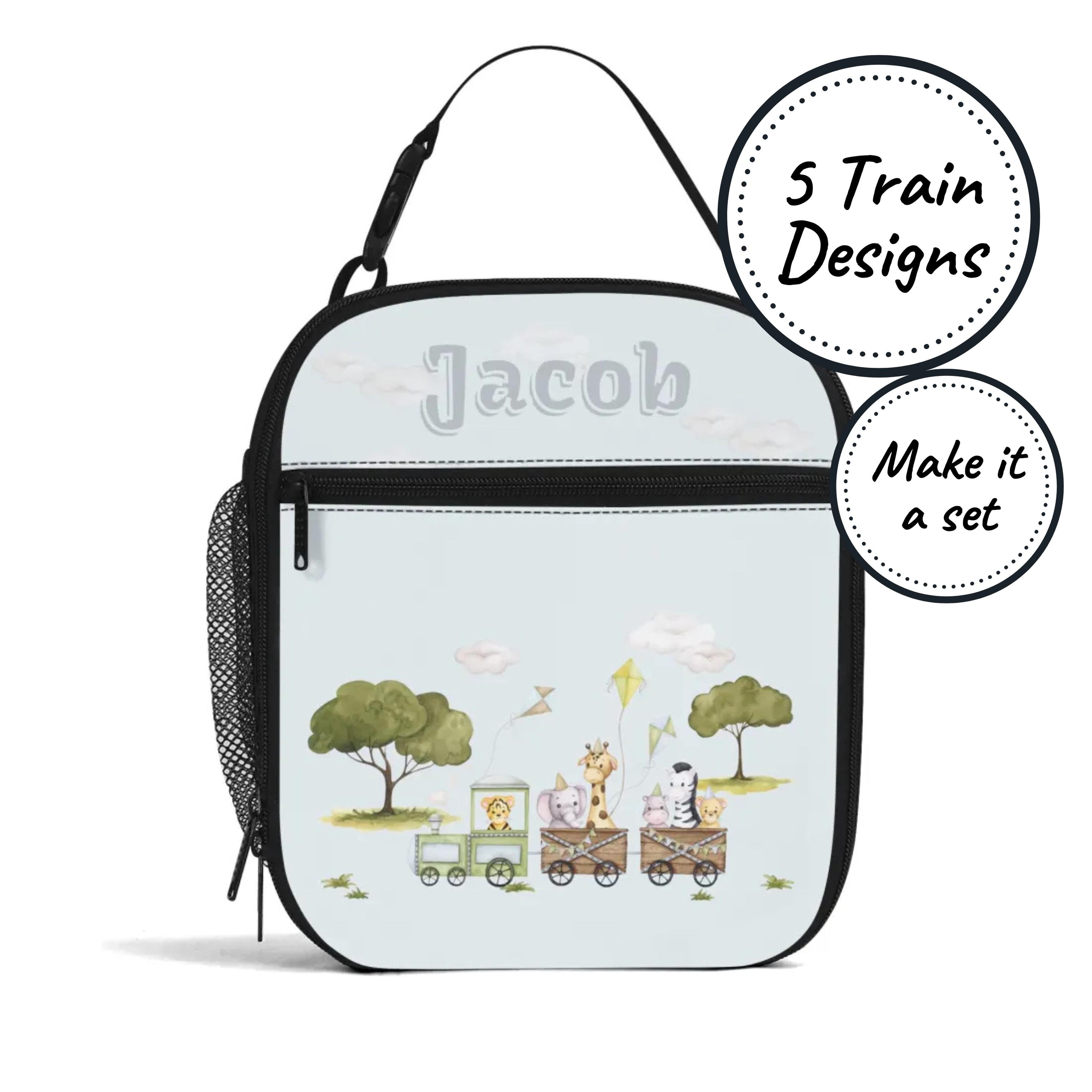 Custom Name Insulated Lunch Bag for Kids with Animal Train, Personalized Food Cooler Lunchbox