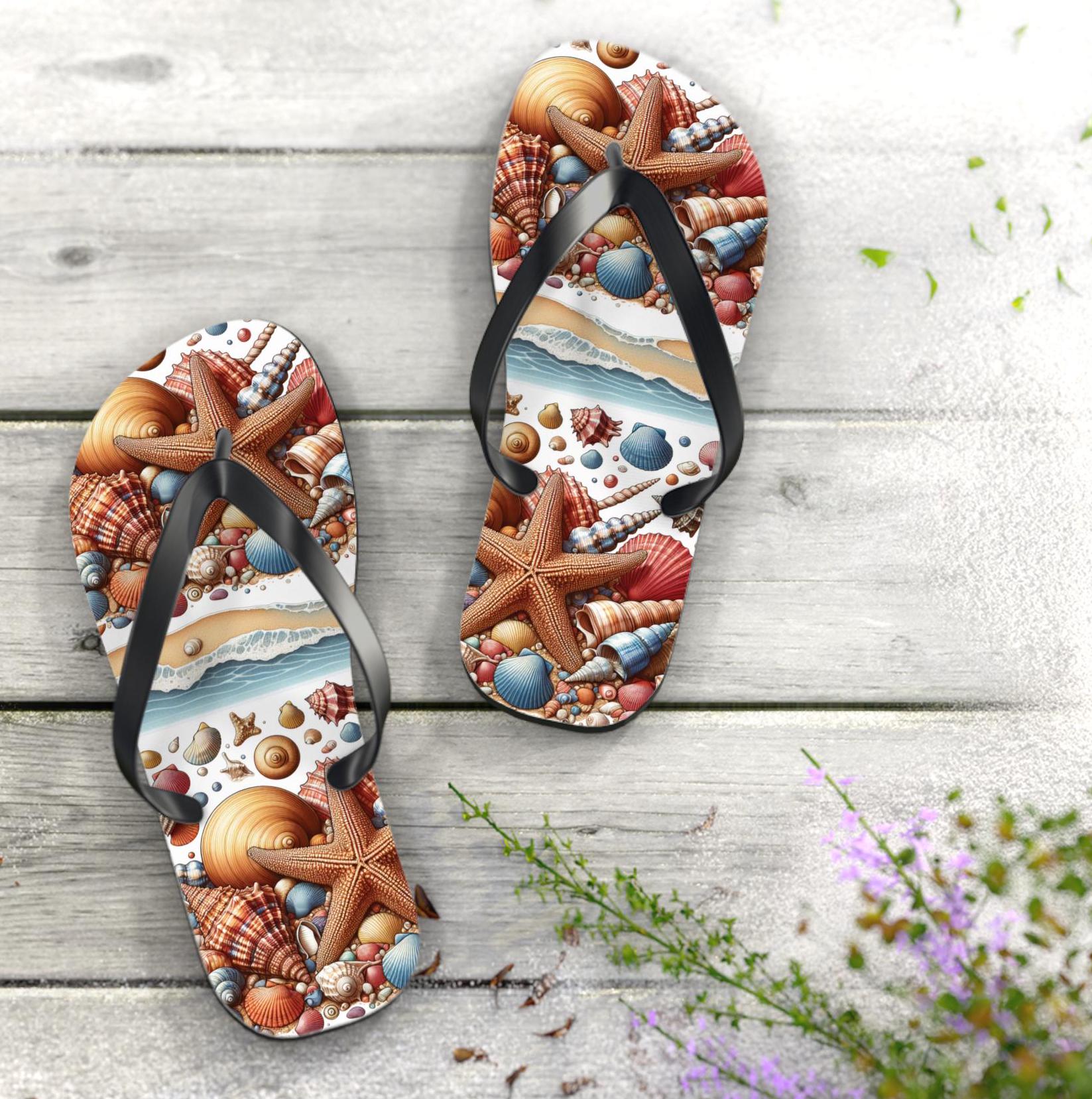Beach Flip Flops Sea Shells Sandals Casual Ocean Coastal Boho Pool Vacation Travel Women's Shoes Fun Party Starfish Designer Art Deco Summer
