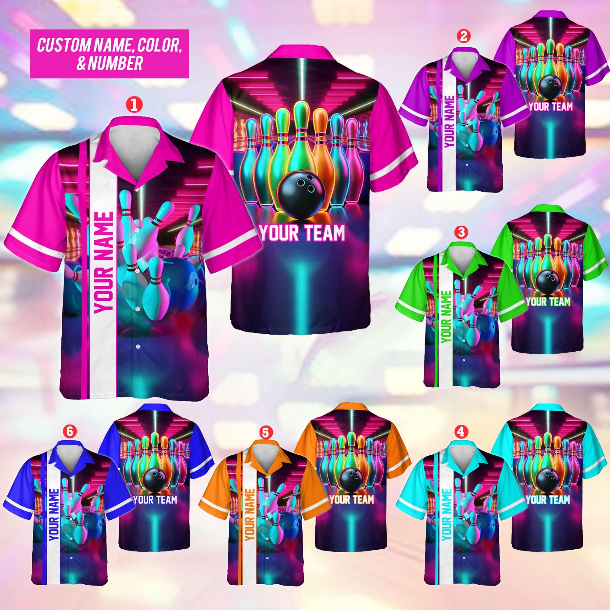 Custom Neon Bowling Hawaiian Shirt for Men Women Kid, Custom Name Bowling Shirt, Retro Bowling Shirt, Custom Bowling Team Name
