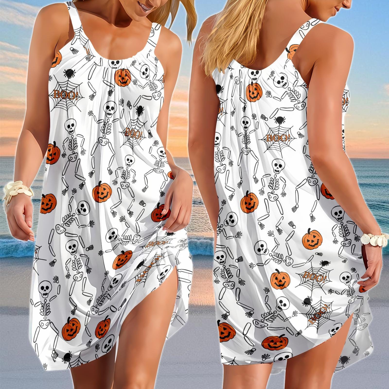 Halloween Skeleton Sling Summer Dress, Cute Pumpkin Women Dress, Spider Web Boo Dress, Spooky Holiday Outfit, Halloween Gifts