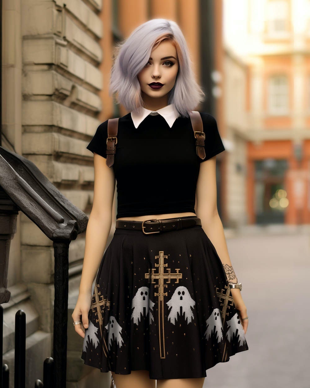 Holy Spirits Skater Skirt - Dark Academia Witchy Vegan Skirt with spooky ghosts