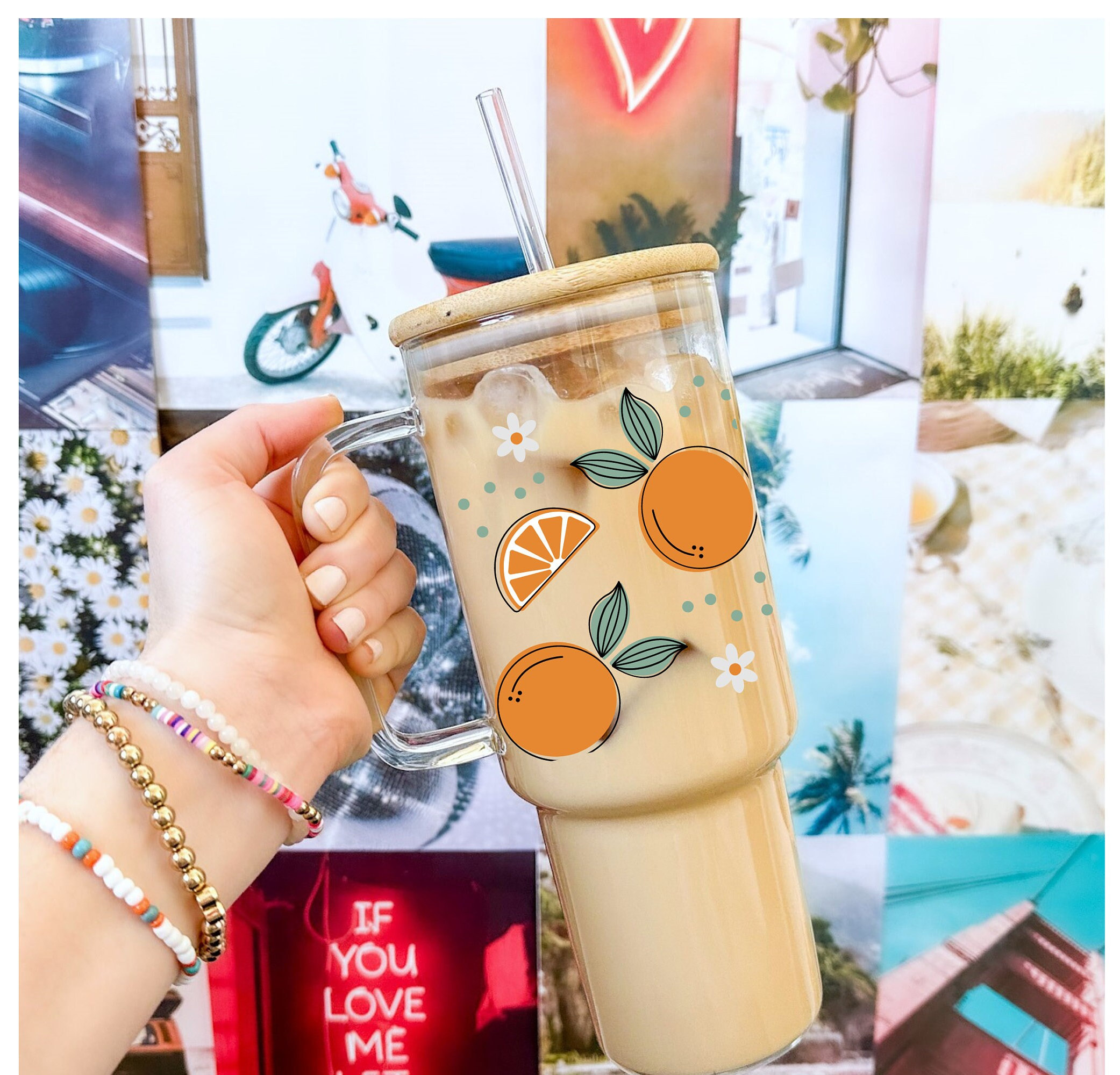 40oz Glass Tumbler, 40oz Glass with handle, Oranges Coffee Glass, Coffee Glass, Viral Coffee Glass, Summer tumbler