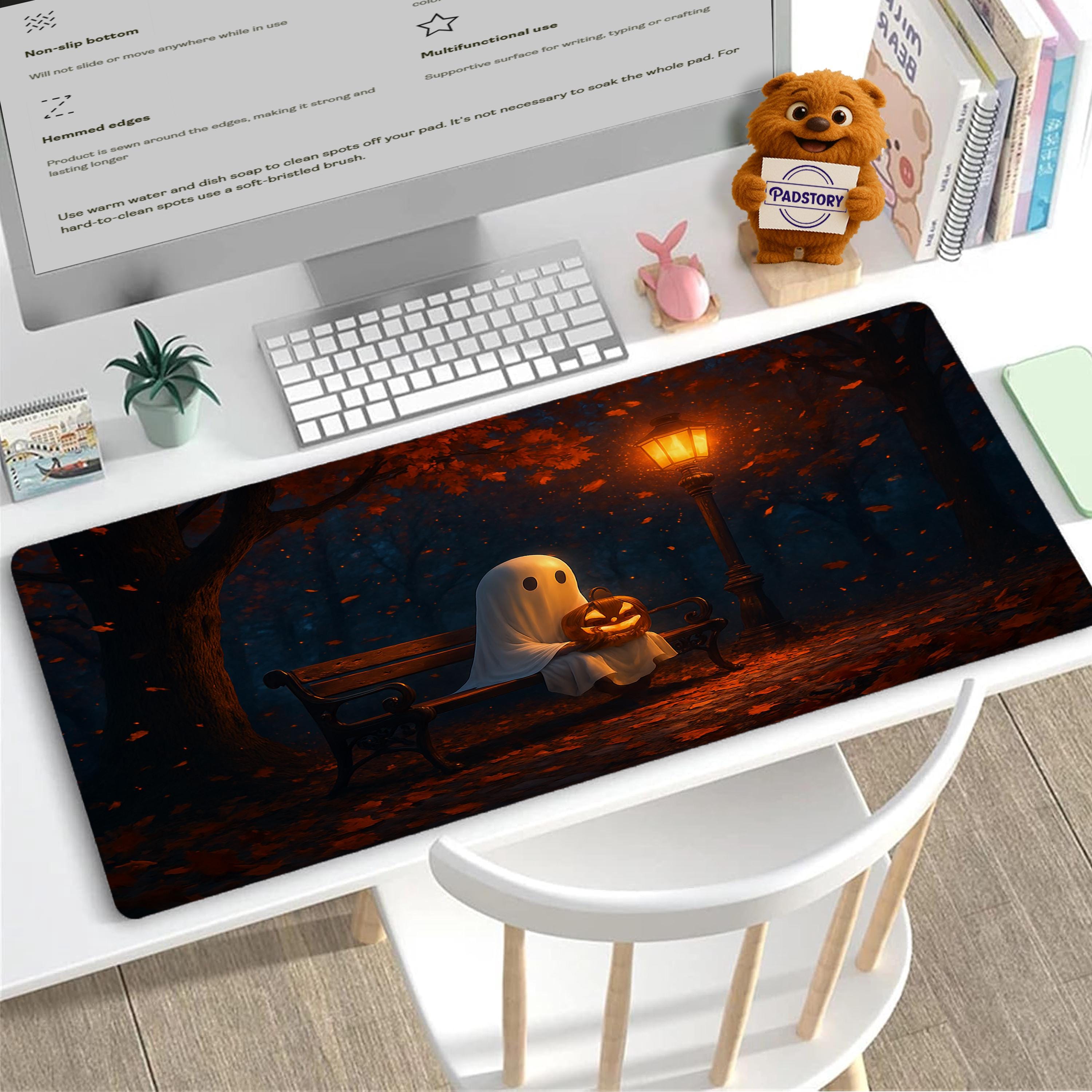 Ghost Pumpkin Bench Mouse Pad: Cozy Halloween Desk Mat