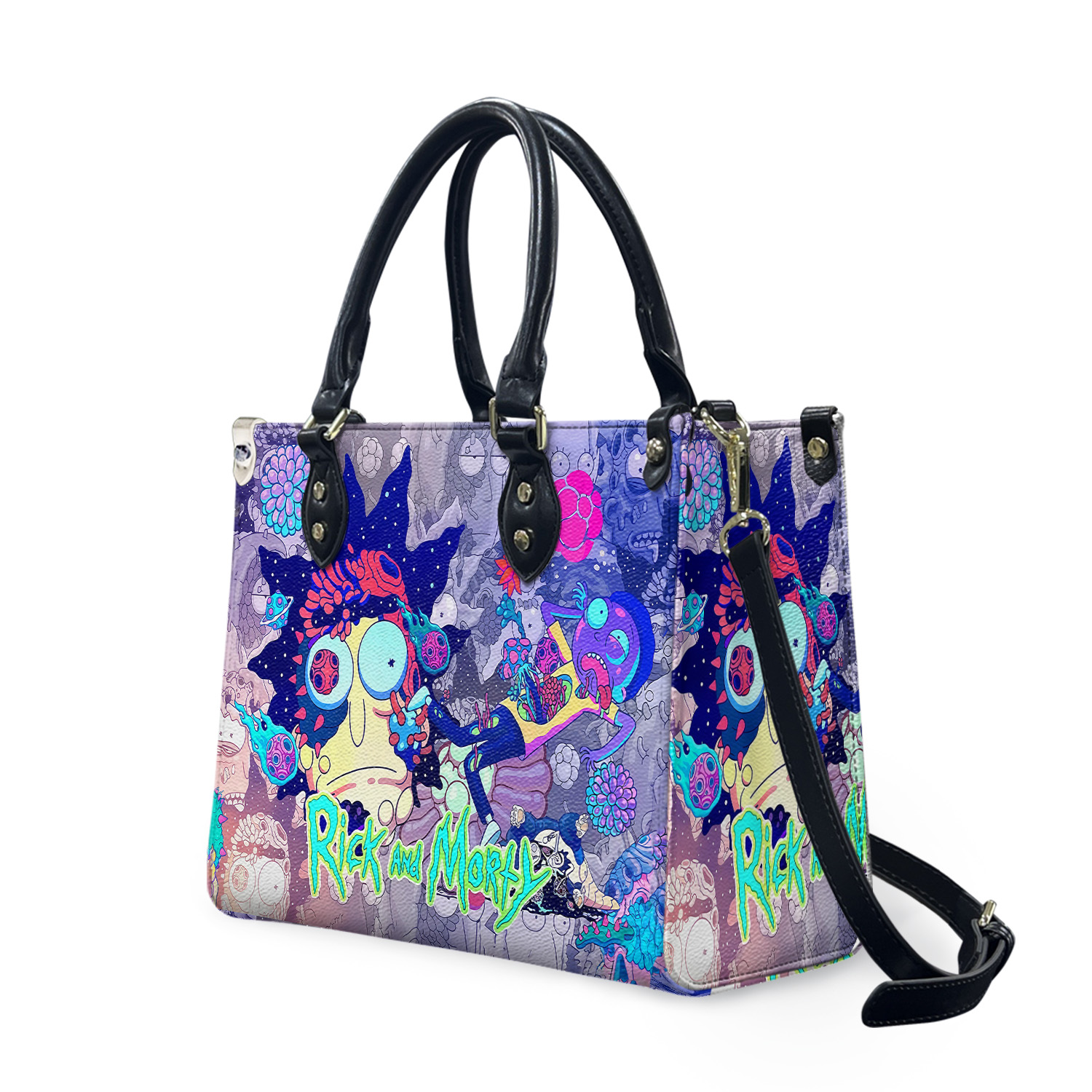 Personalized Rick And Rickandmorty Leather Handbag, Cartoon Leather Handbag, Vintage Crossbody Bag, Custom Handbag, Gifts for Fan