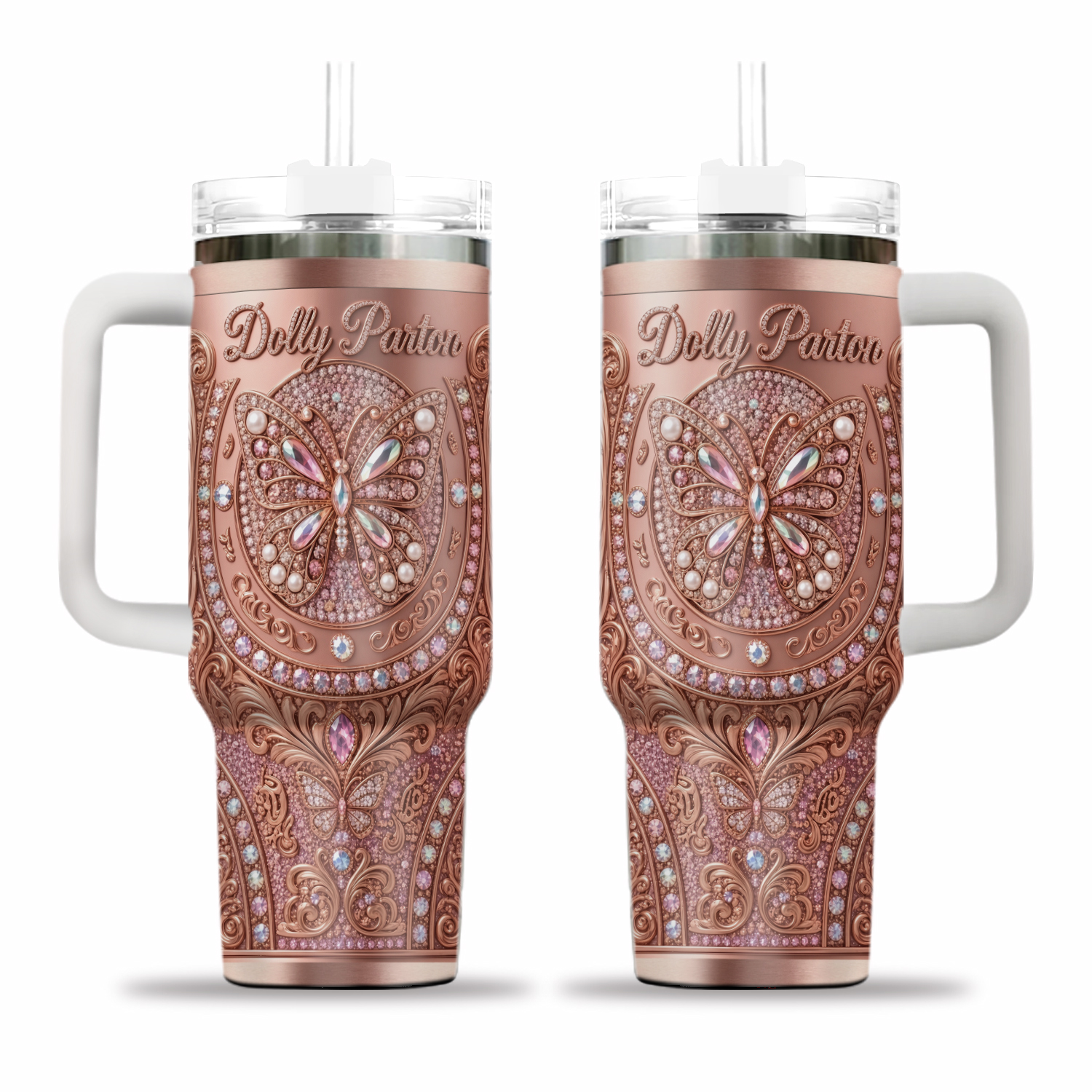 Dolly Parton 40oz Tumbler with Handle Butterfly Pink Rose Gold Bling Jewel Design Luxury Insulated Travel Mug Country Music Icon Fan Gift