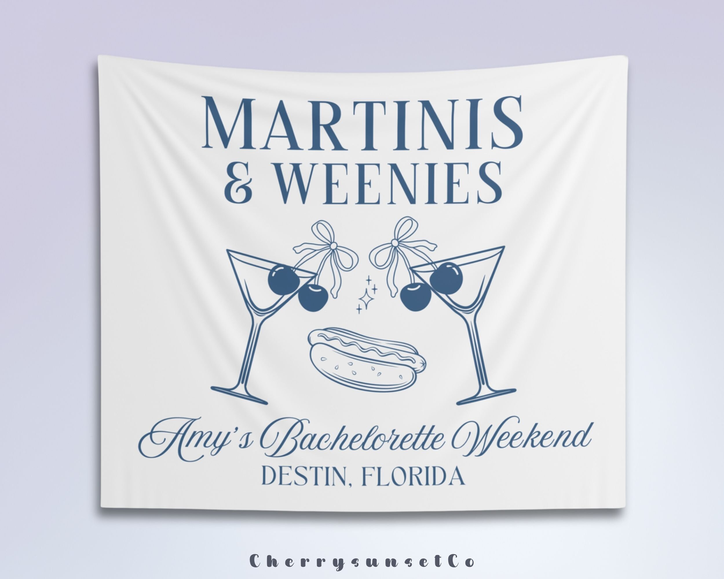 Martinis and Weenies Bachelorette Party Banner Tapestry Custom Fiesta Bridal Shower Decor Cocktails Hot Dog Beach Wedding Party Backdrop