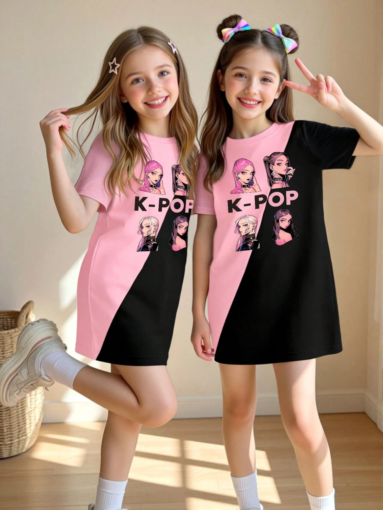 Little Girl Pink Black Color Block Kpop Demon Hunter T-shirt Dress, Summer Short Sleeve Dress Gift