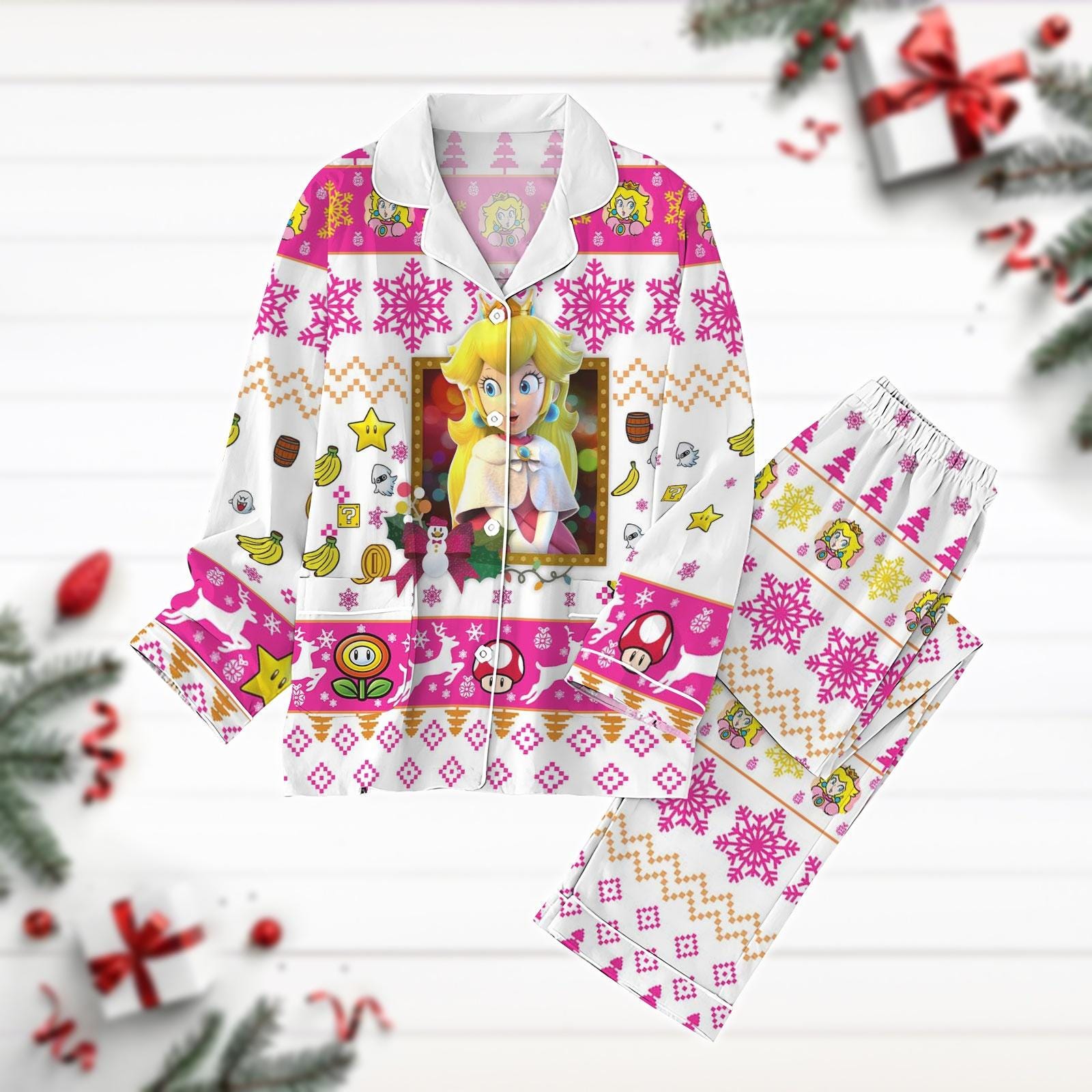 Christmas Princess Peach Pajamas Set, Super Mario Gaming Pj Set, Winter Holiday Shirt, Long Sleeve Pyjamas, Xmas Gift, Video Game Pjs