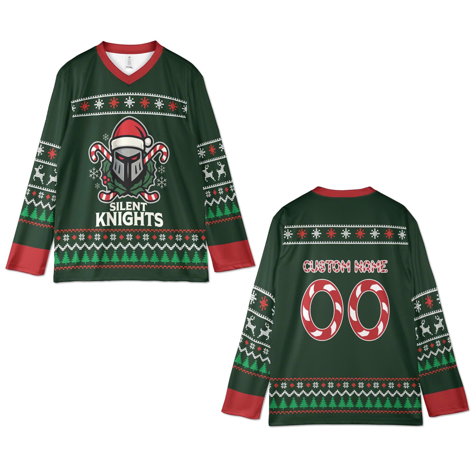Silent Knights Hockey Jersey, Christmas Hockey Jersey, Custom Ugly Christmas Hockey Jersey, Xmas Gift, Festive Holiday Sweater