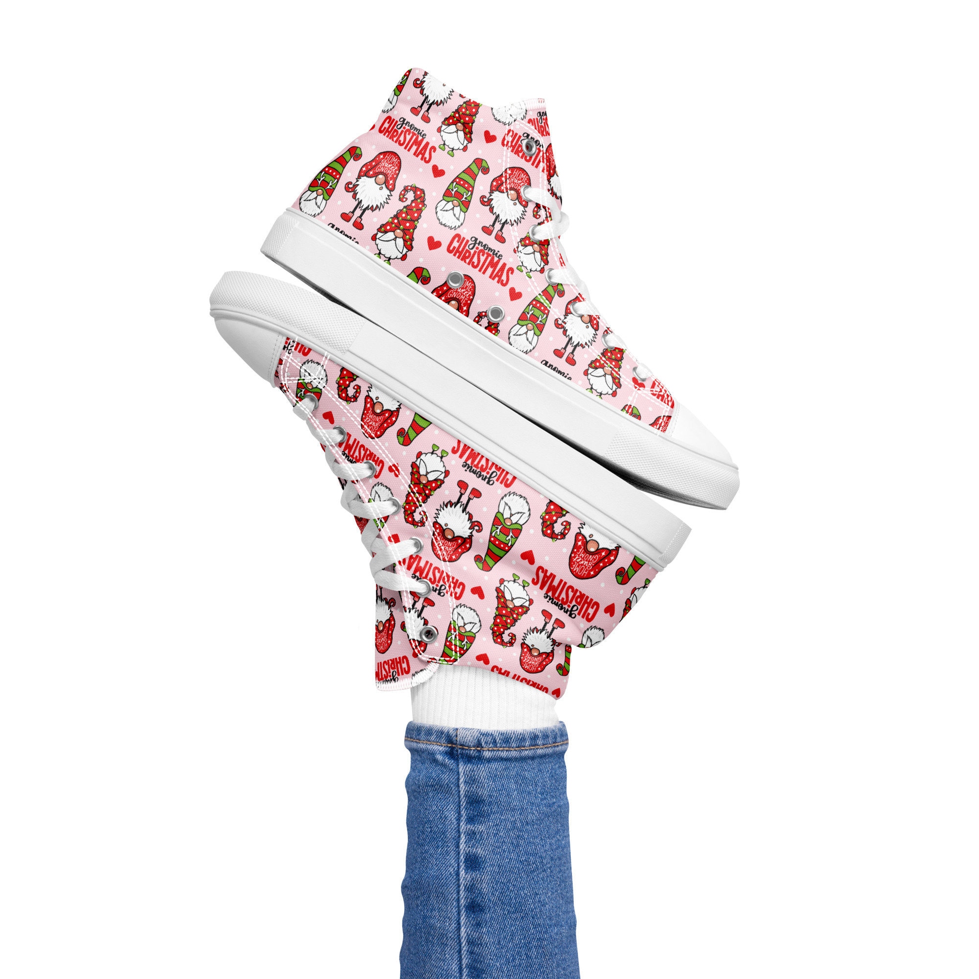 Pink Christmas Gnomes Womens High Top Canvas Shoes Christmas Design Stylish Sneakers Holiday Footwear Prints Comfortable High Tops Gift Idea