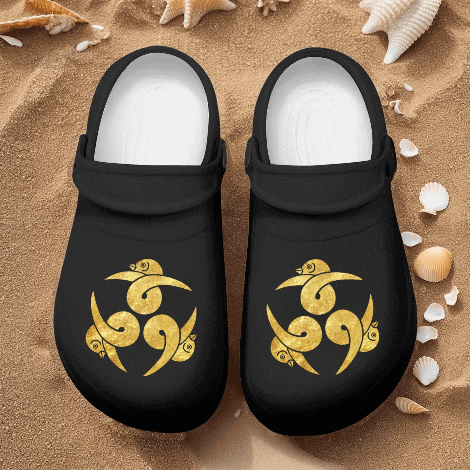 Oriental Three Geese Japanese Kamon in faux gold Nurse Clogs