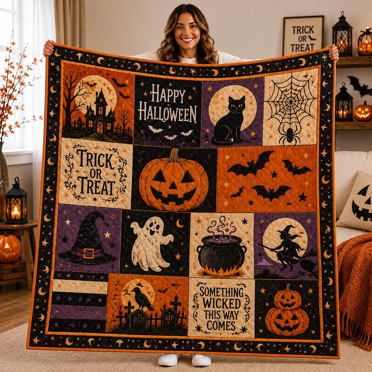 Halloween Quilt Blanket with Pumpkin, Witch, Black Cat, and Bat Patchwork for Fall Home Decor