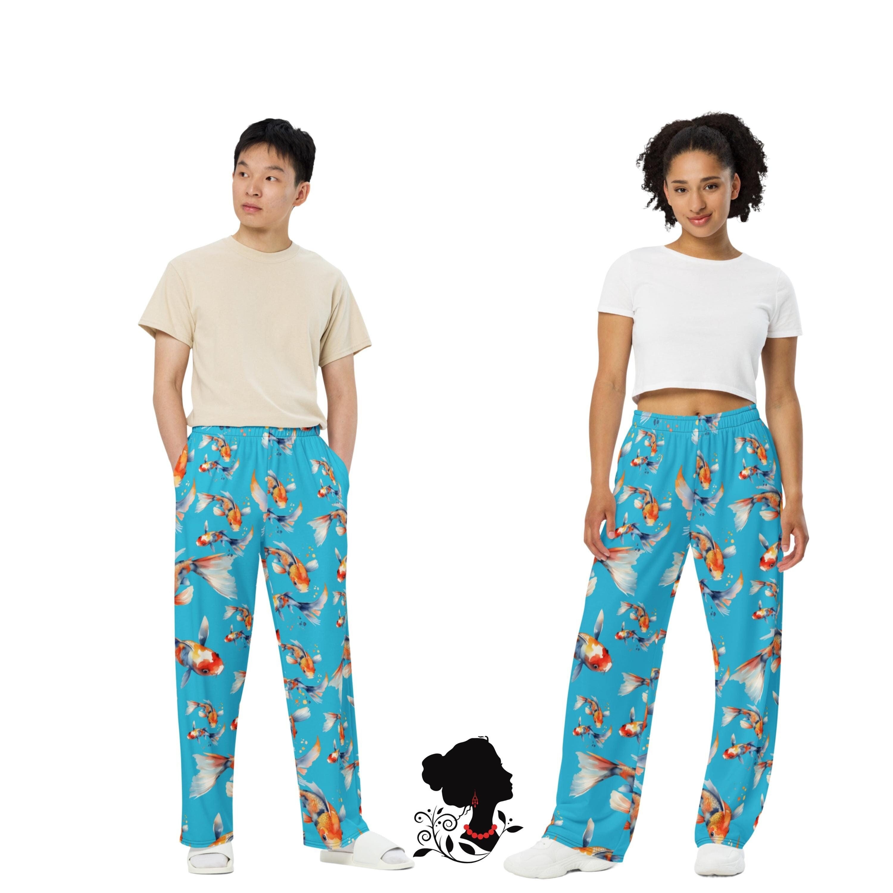 Unisex Wide Leg Pants with Colorful Koi Fish Pattern, Elastic Waist, Comfort Trouser, Japanese Inspired, Carp Fish, Loungewear, PJ Bottom