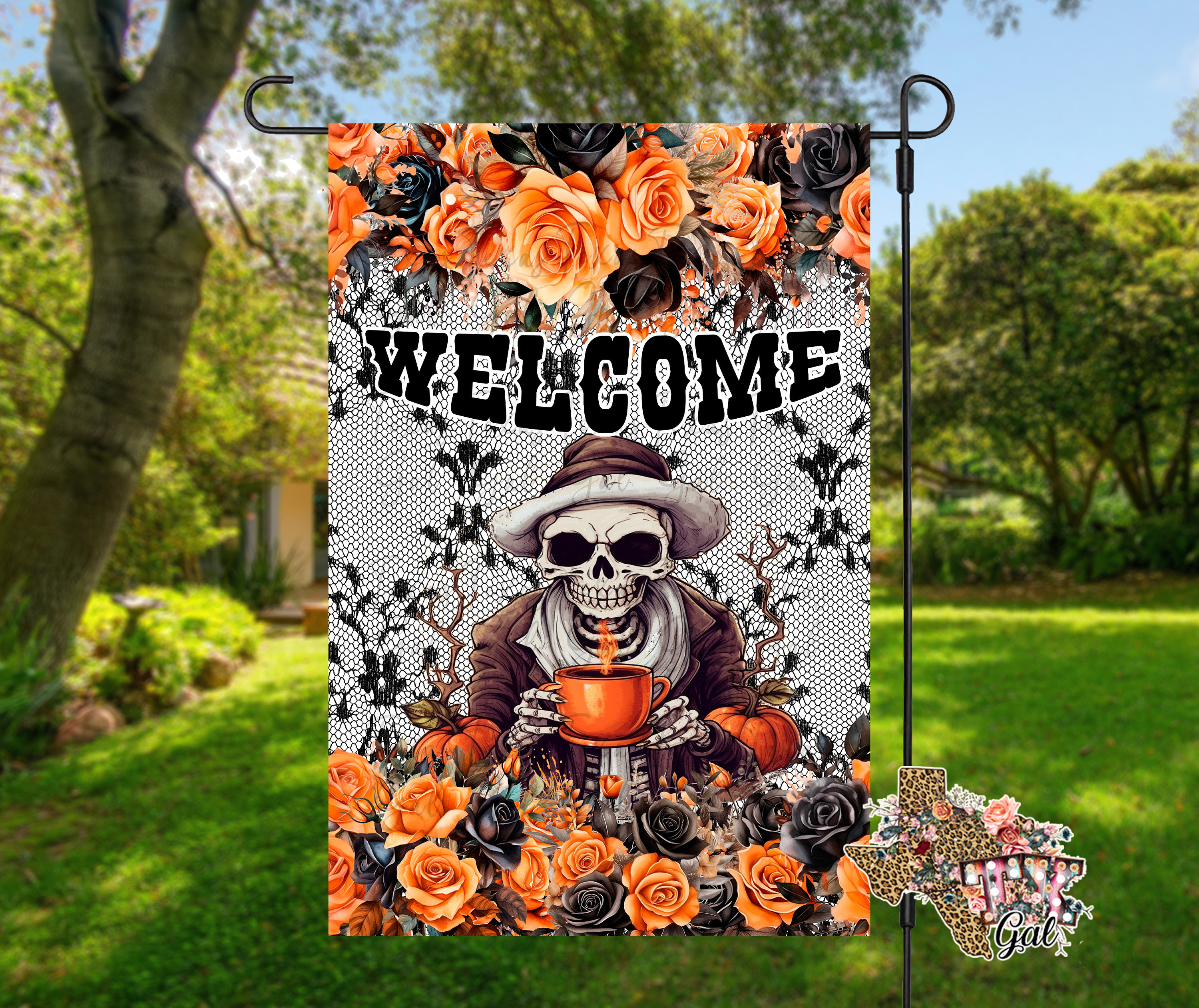 Skeleton Garden Flag, Orange And Black Garden Flag