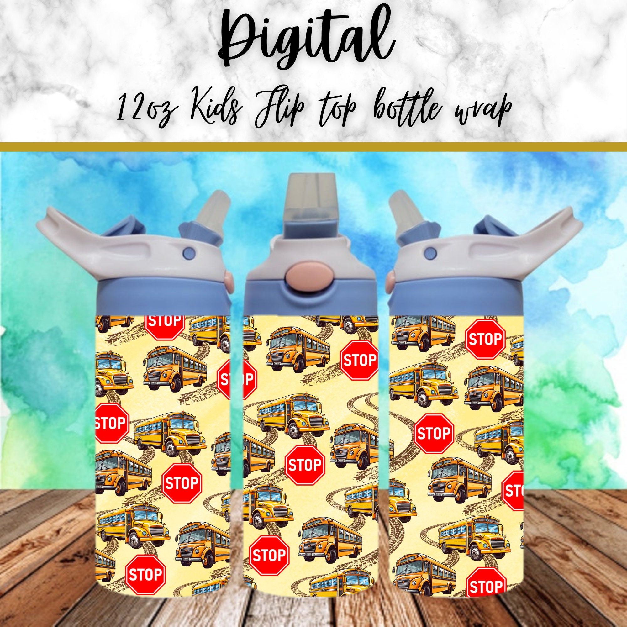 School Bus 300dpi 12oz Kids Flip top Sippy cup Tumbler Wrap