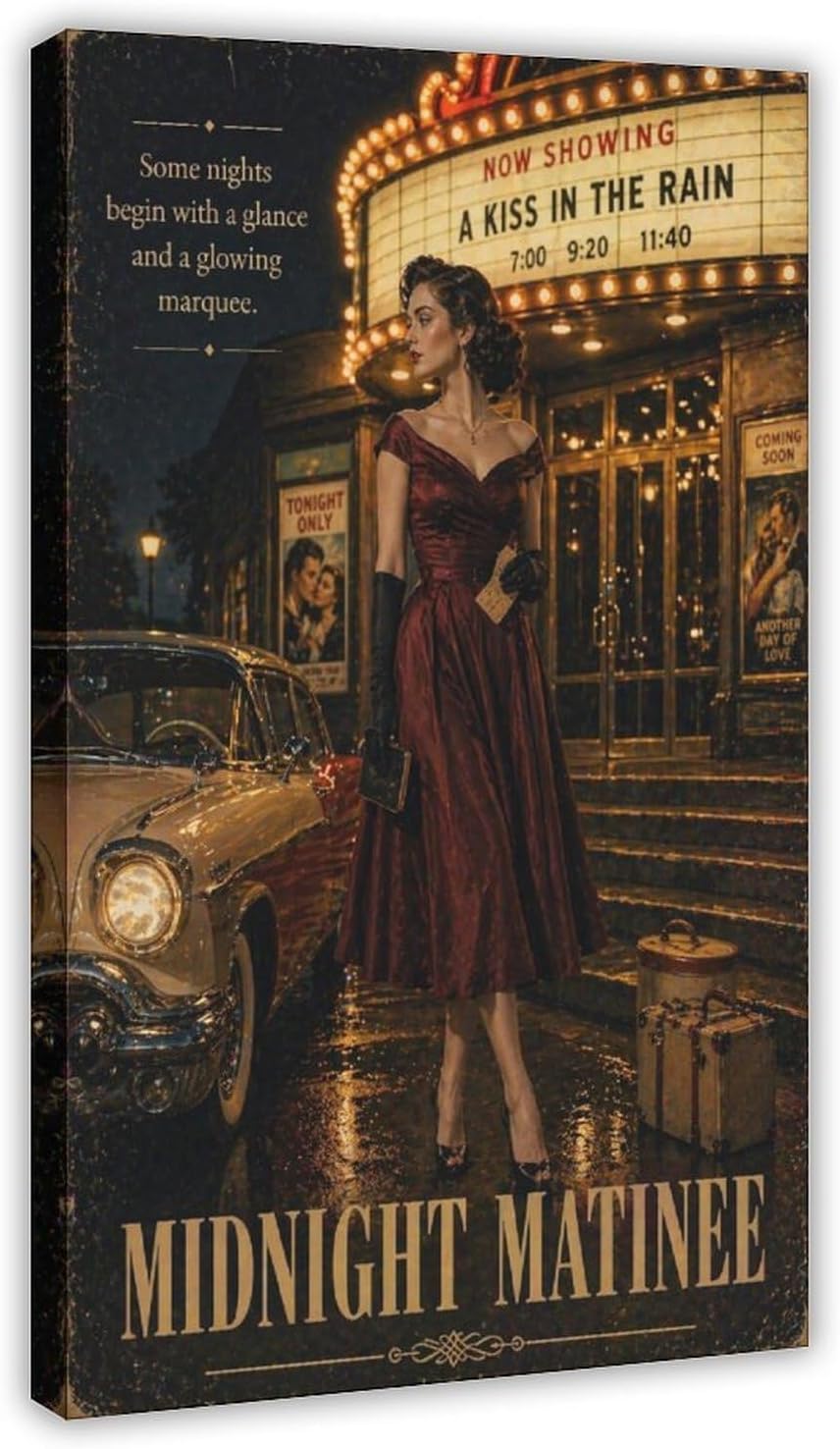 Midnight Movie Kiss Canvas Wall Art, Women Poster, Bedroom & Office Decor