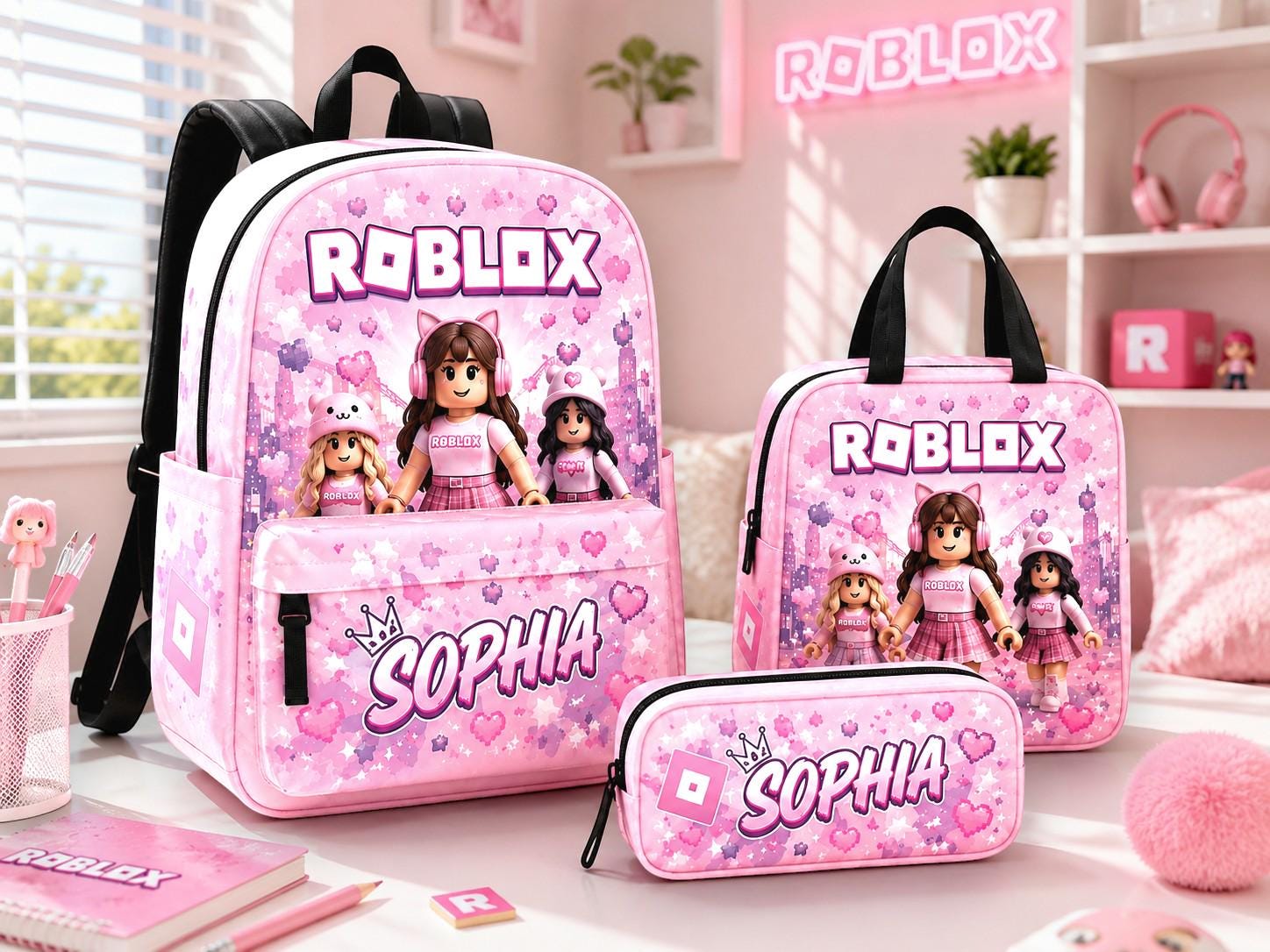 Personalized Pink Roblox Backpack Set, Custom Name Gaming Bookbag, Matching Lunch Bag