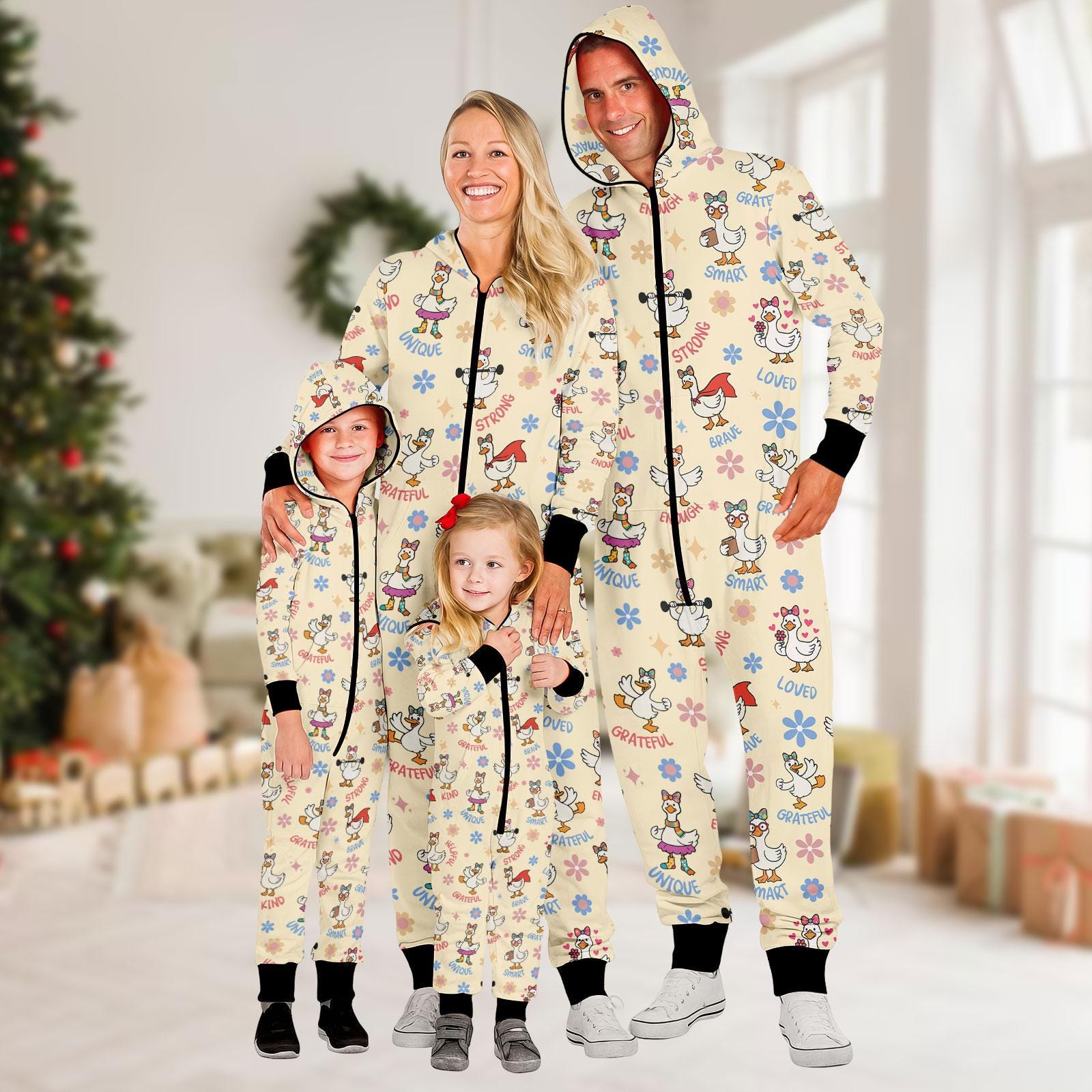 Cartoon Goose Family Jumpsuit, Animal Onesie Pajamas, Holiday Fleece Jumpsuit, Cartoon One-piece Pajama, Gift For Family