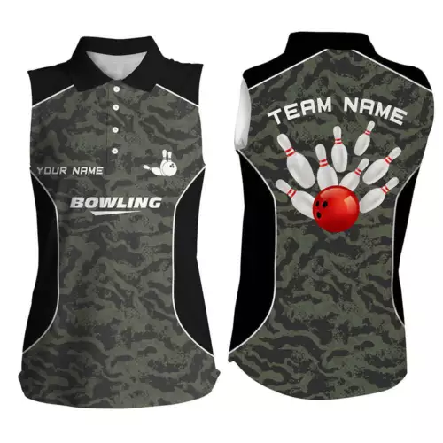 Women Bowling Sleeveless Polo Shirts Custom Bowling Ball And Pins Camo Bowling