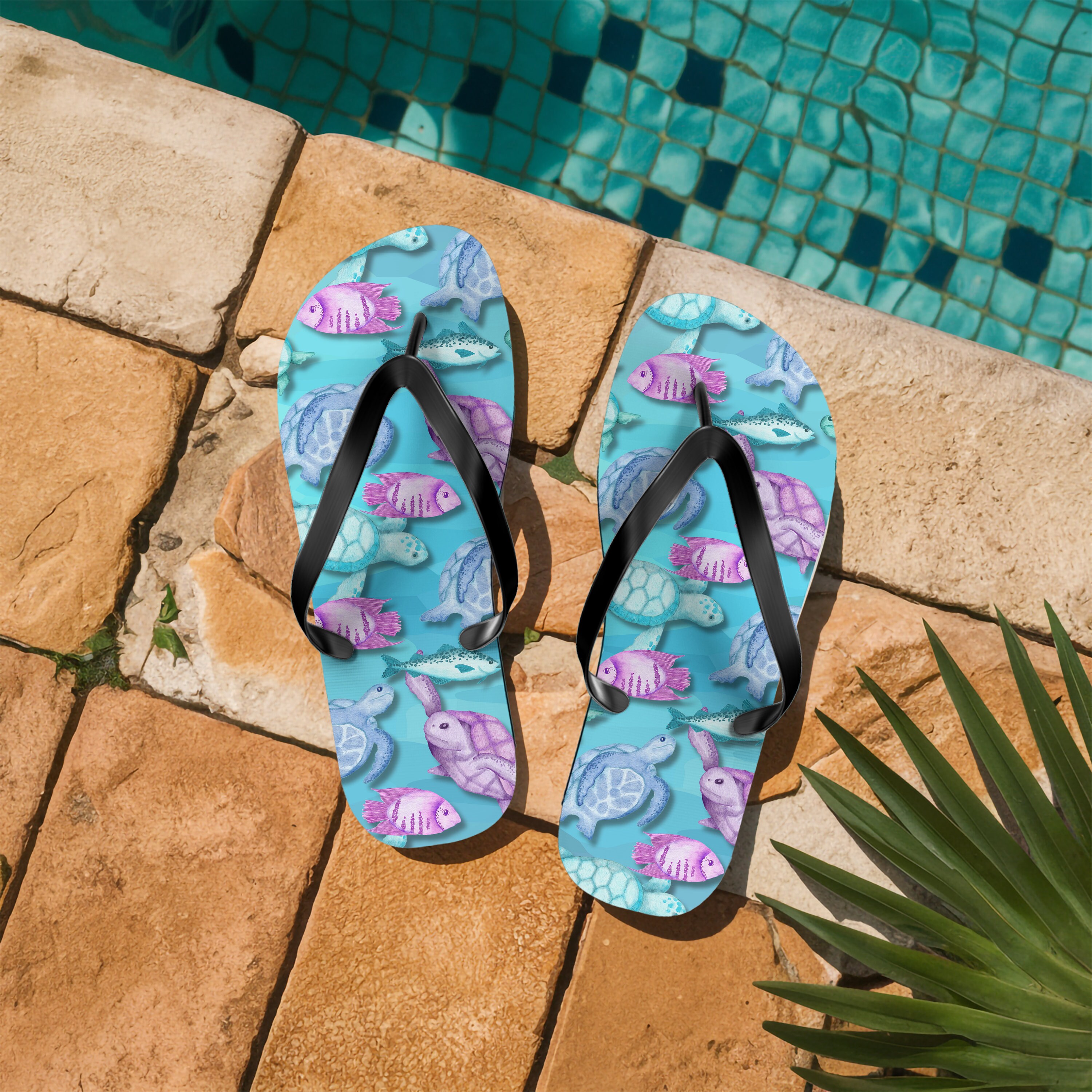 Tropical Fish and Turtle Pattern Flip-Flops | Tropical Sea Life Flip Flops | Summer Sandals | Animal Lover Gifts | Beach | Travel Summer