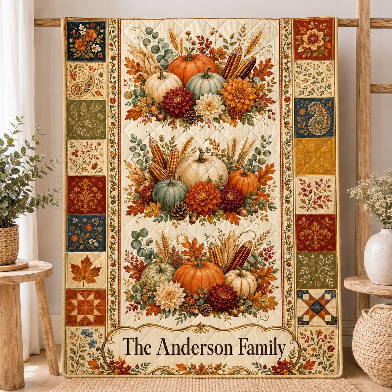 Personalized Fall Quilt Blanket, Custom Family Name Pumpkin Throw, Autumn Harvest Floral, Thanksgiving Farmhouse Quilt