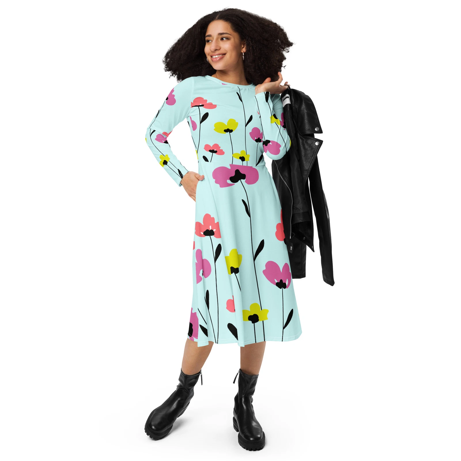 All-Over Print Long Sleeve Midi Dress for Women