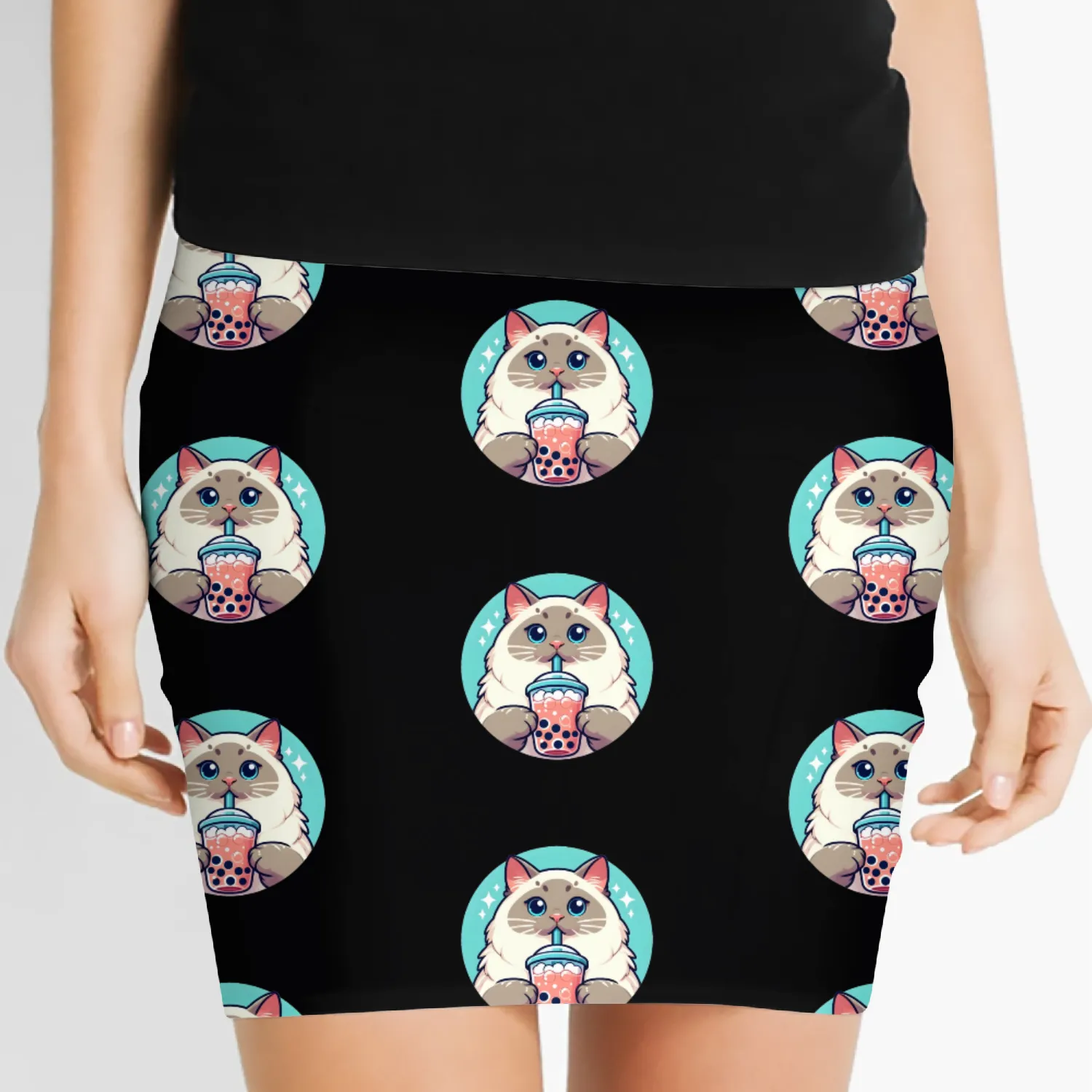 Siamese cat having bubble tea Women's Mini Skirts