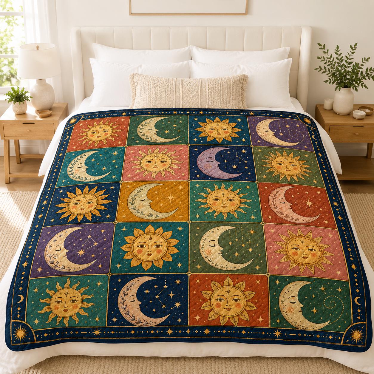Celestial Sun and Moon Quilt Blanket, Boho Astrology Patchwork, Mystical Home Decor