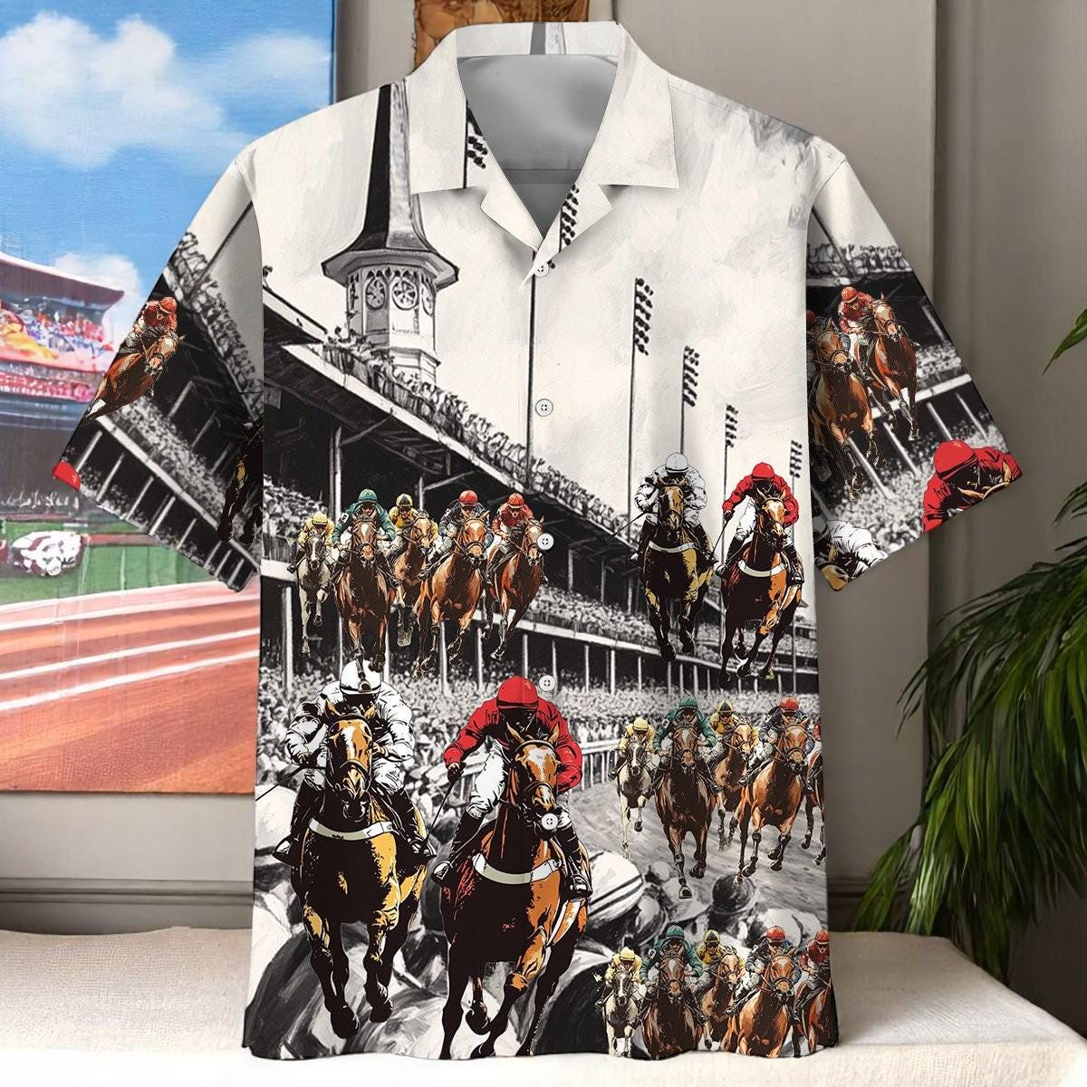 Horse Racing Vintage Racecourse Hawaiian Shirt, Horse Race Summer Aloha, Horse Racing Button Short Sleeve Shirt, Gift for Horse Racing Fans
