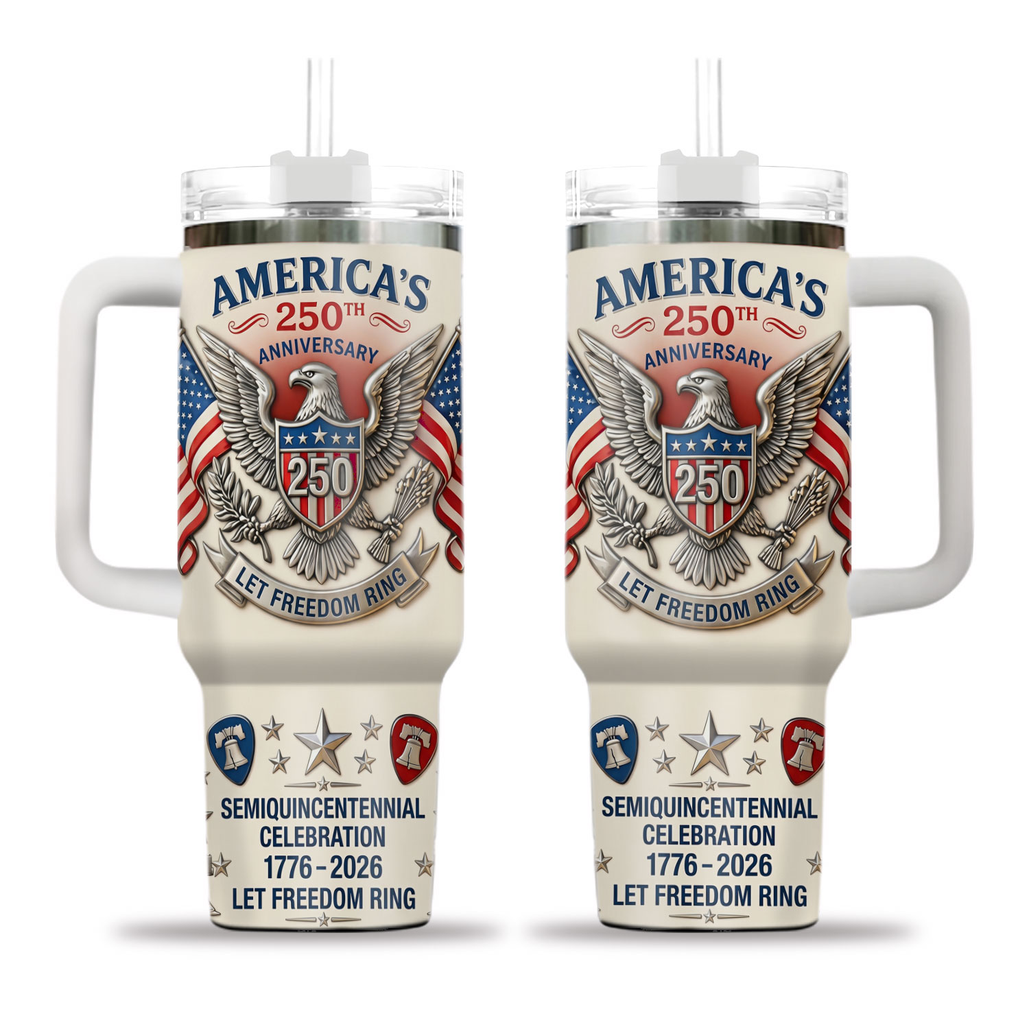 America 250th Anniversary 40oz Tumbler With Handle, 17762026 Patriotic Eagle Mug, Semiquincentennial Celebration Gift, Let Freedom Ring Cup
