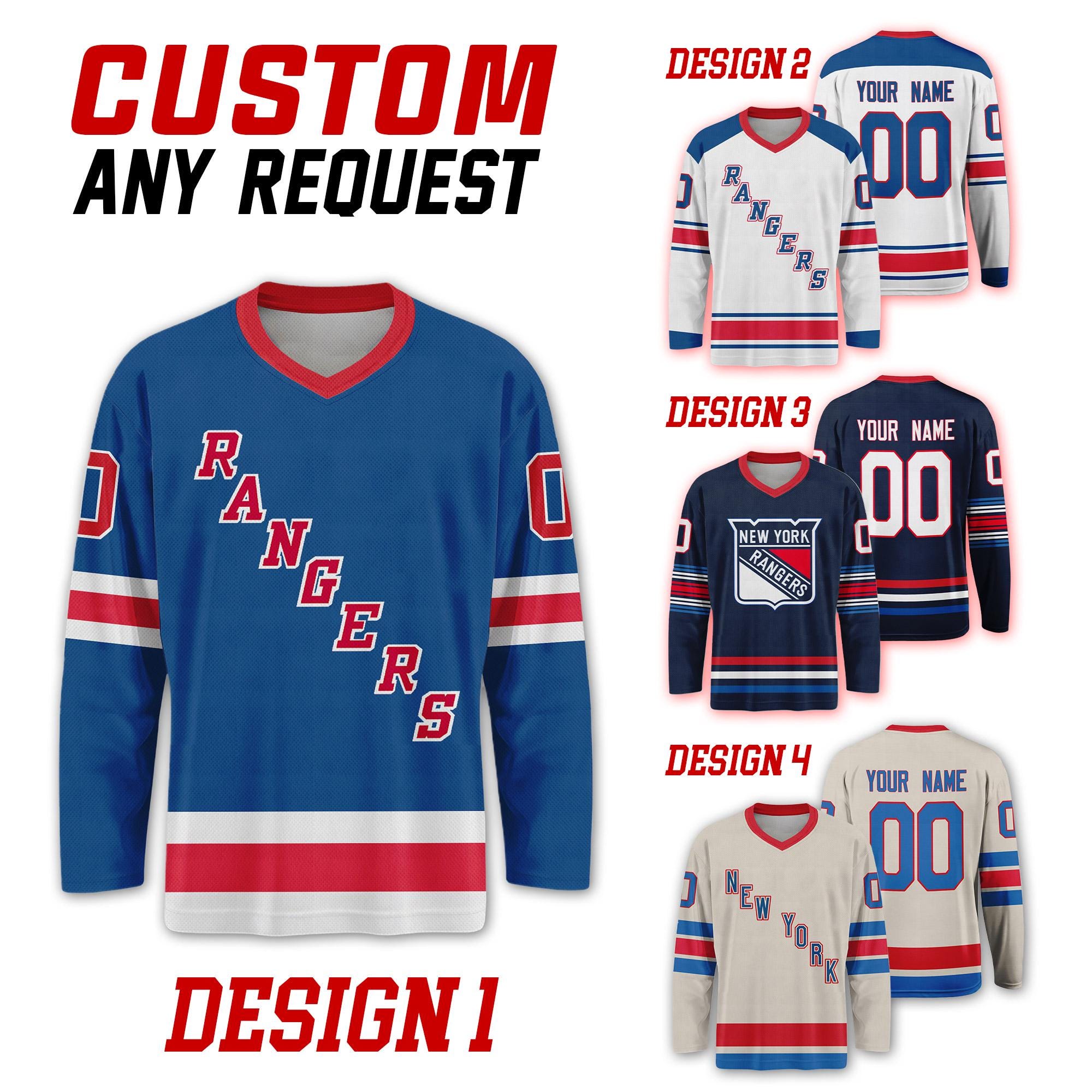 Custom New York Rangers Ice Hockey Team Home Away Jersey, New York Hockey Team Vneck Jersey, Long Sleeve Jersey Hockey