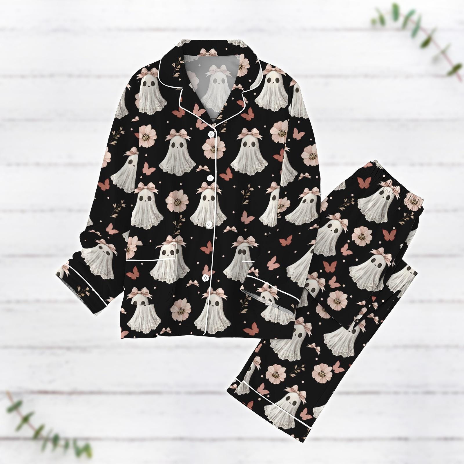 Halloween Pajamas, Ghost Coquette Bow Pajamas Set, Pink Coquette Halloween Pj Set, Cute Ghost Holiday Pajamas, Fall Gift