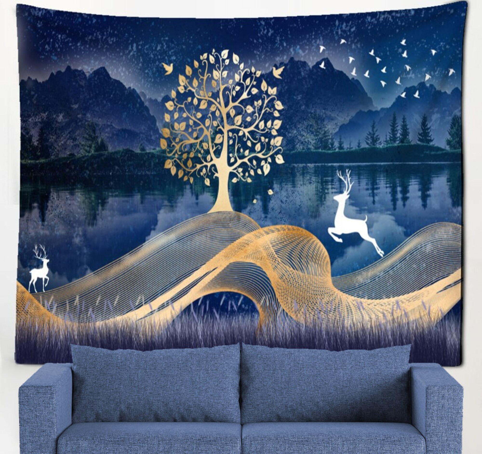 Abstract Landscape Tapestry Wall Hanging Tree Forest Lake Art Wall Decor Tapestries