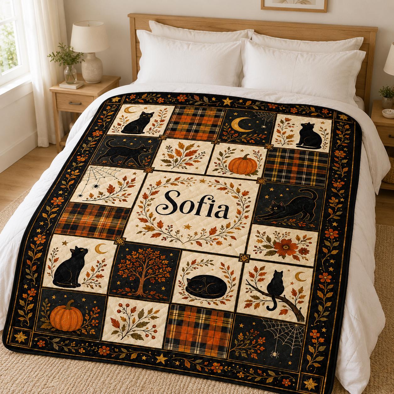 Personalized Black Cat Quilt Blanket, Custom Name Halloween Throw, Orange Plaid Fall Quilt, Cat Lover Gift