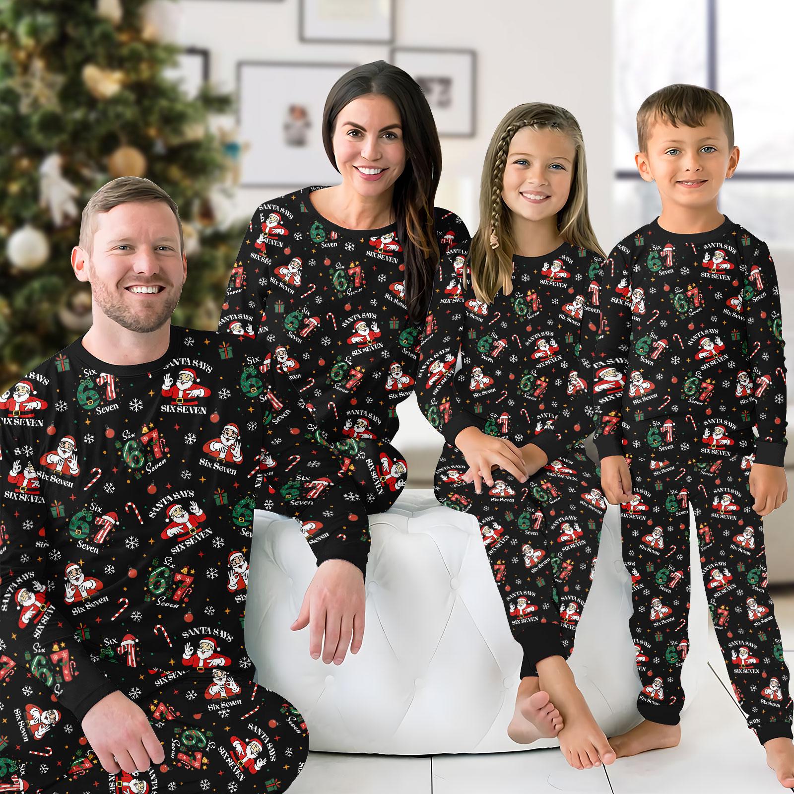Santa Says Six Seven Matching Family Pajama Set, Funny 67 Christmas Lounge Wear, Teen Xmas Sleepwear