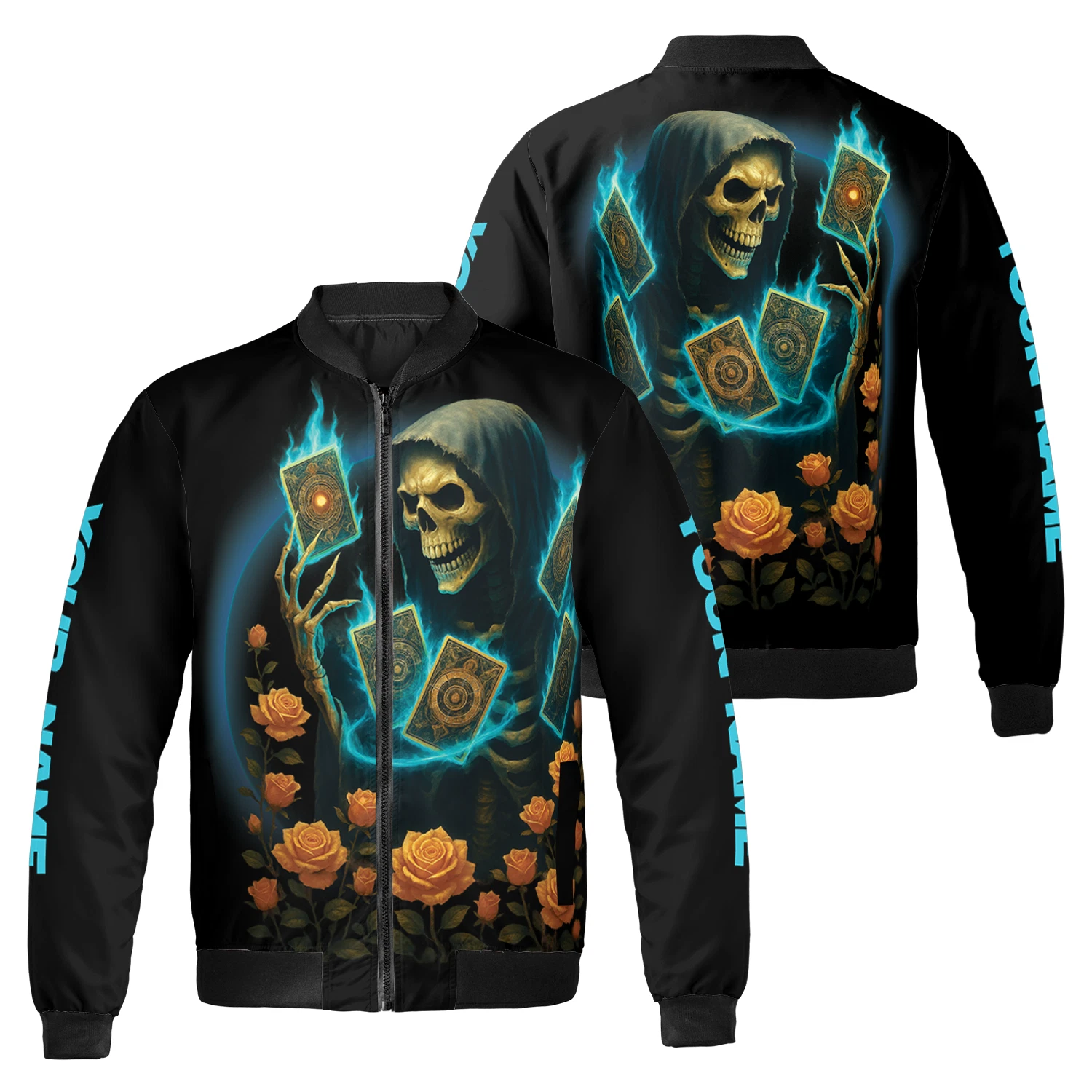 Personalized Gothic Grim Reaper Tarot Cards Horror Halloween Bomber Jacket