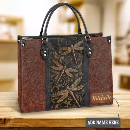 Dragonfly Art Leather Bag, Dragonfly Handbag, Custom Leather Bag, Woman Handbag, Shoulder Bag, Crossbody Bag, Shopping Bag, Top Handle Bag