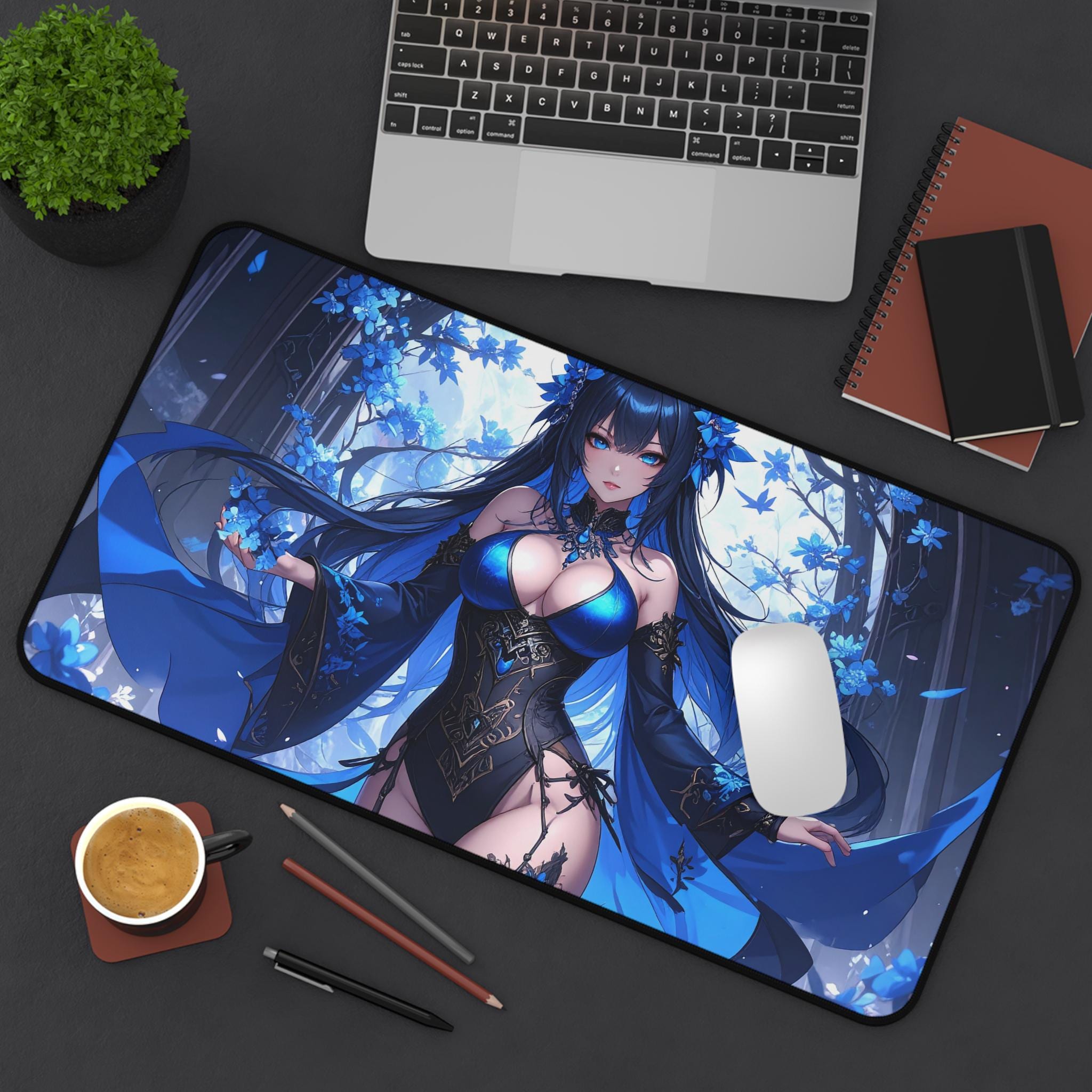Elegant Anime Desk Mat, Gaming Desk Pad, Blue Floral Mouse Pad, Office Home Decor