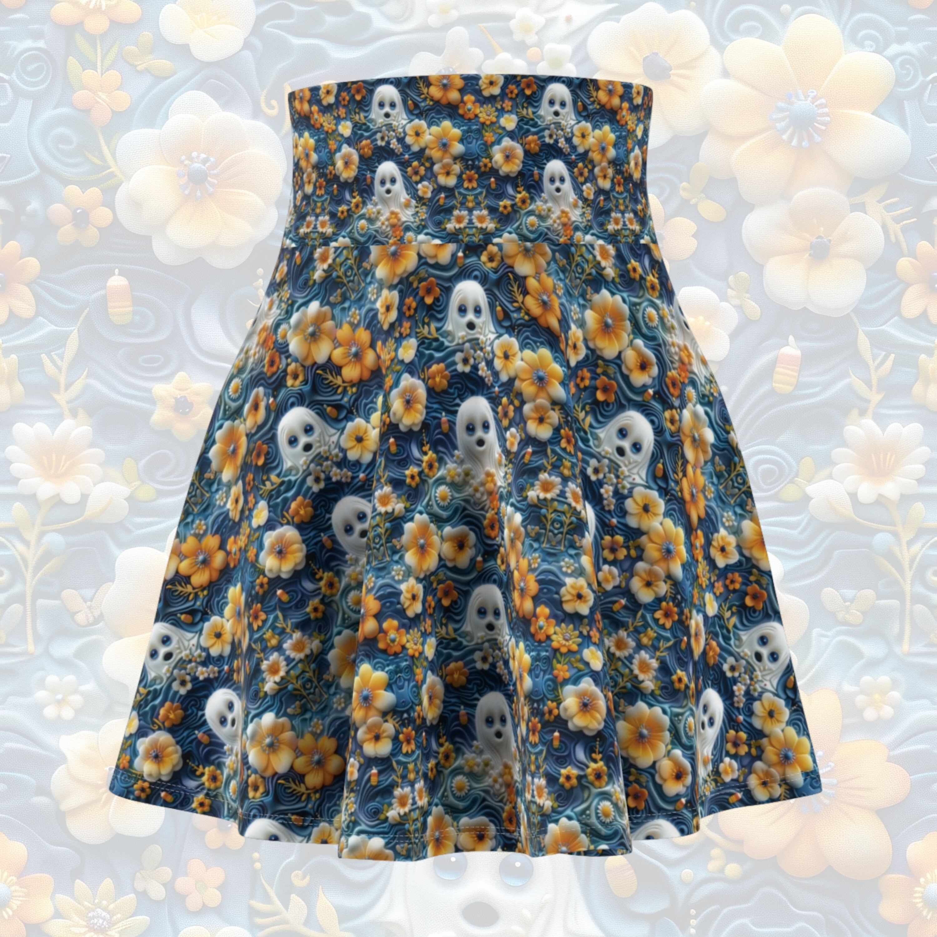 Women's Spooky Cute Blue Eyed Ghost Halloween Circle Skirt, Blue and Yellow Ghost High Waisted Skater Skirt, Plus Size Soft Stretchy Skirt