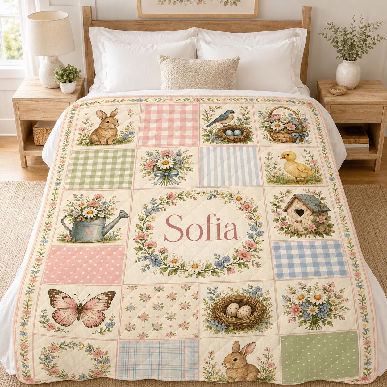 Personalized Spring Quilt Blanket, Custom Name Bunny and Bird Throw, Pastel Floral Cottagecore Nursery Quilt