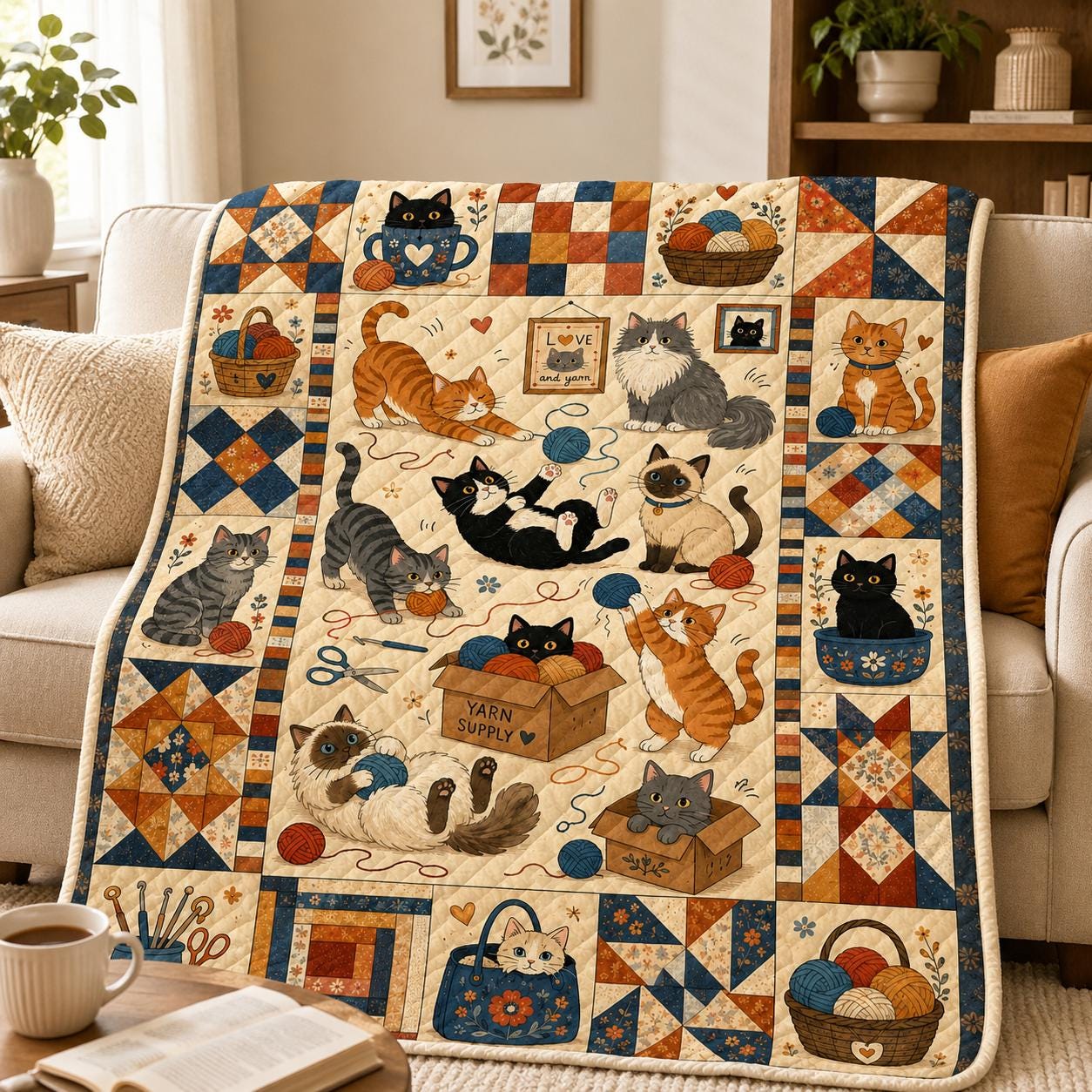 Cat Patchwork Quilt Blanket, Yarn Lover Throw, Knitting Crochet Gift for Cat Owners