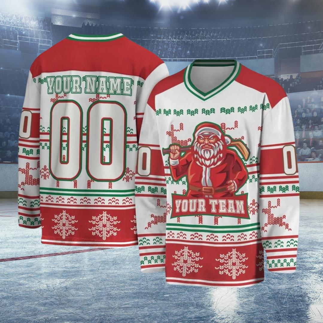 Christmas Hockey Jersey With Santa Custom Name Number Long Sleeve Ice Hockey Uniform, Festive Team Sports Gift for Men Women